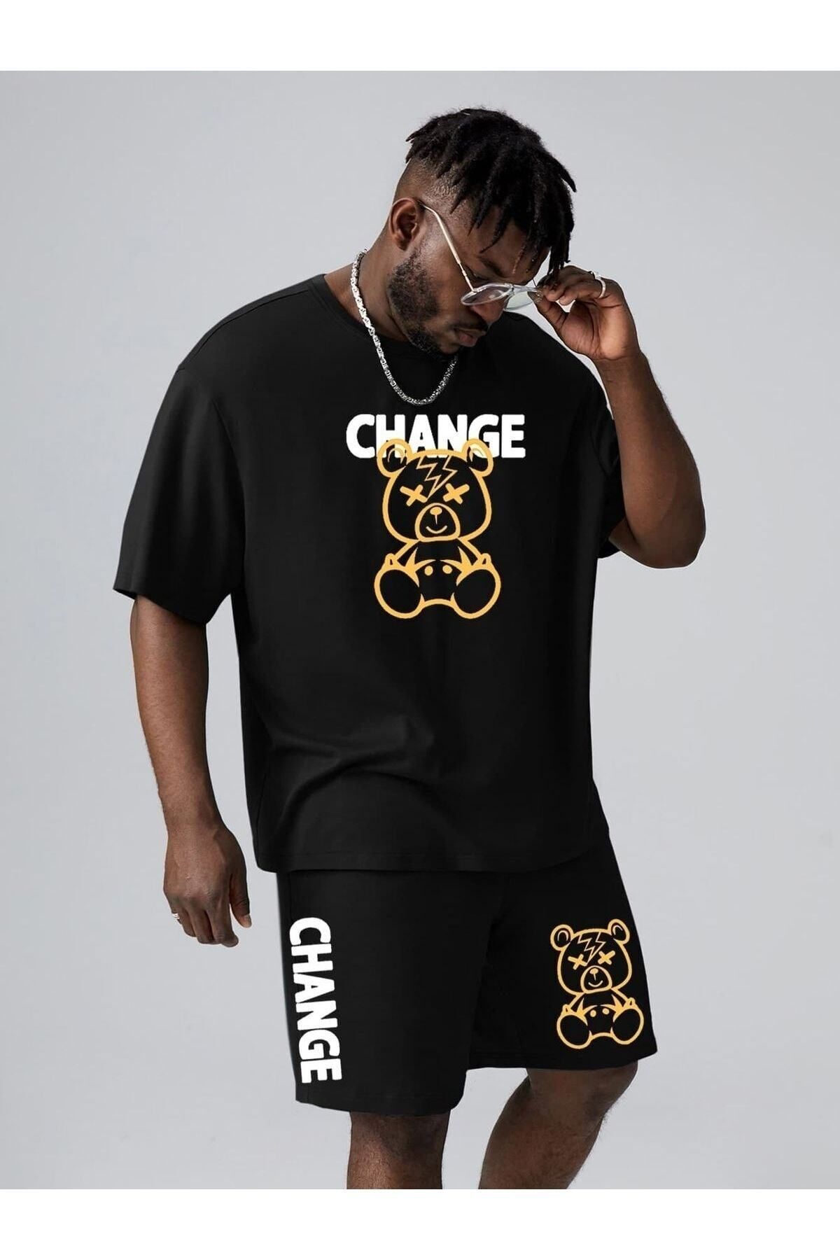 GIANTSTORE Erkek Siyah Change Baskılı Şort Takım