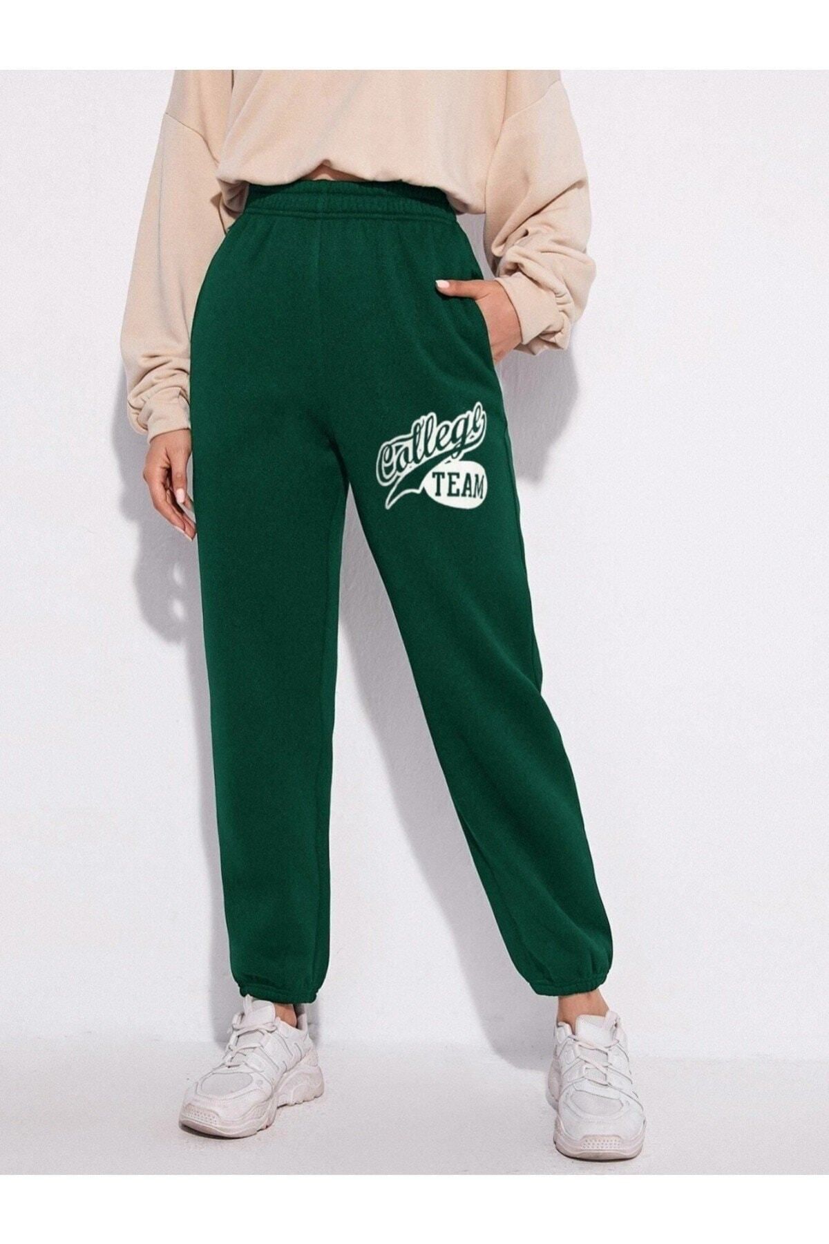 GIANTSTORE Kadın Yeşil College Team Baskılı Oversize Eşofman