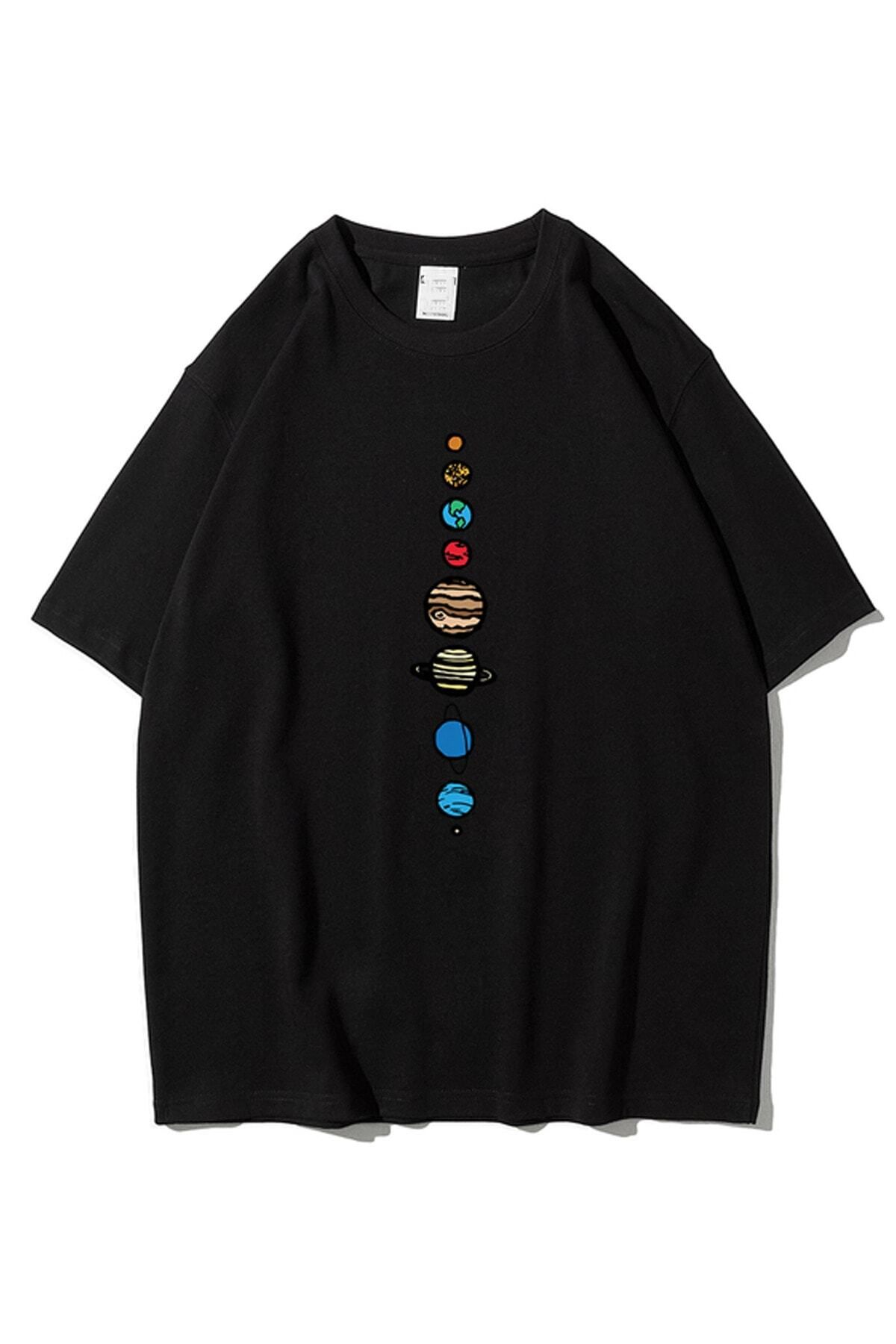 GIANTSTORE Unisex Siyah 9 Gezegen Baskılı Oversize Bisiklet Yaka Tshirt