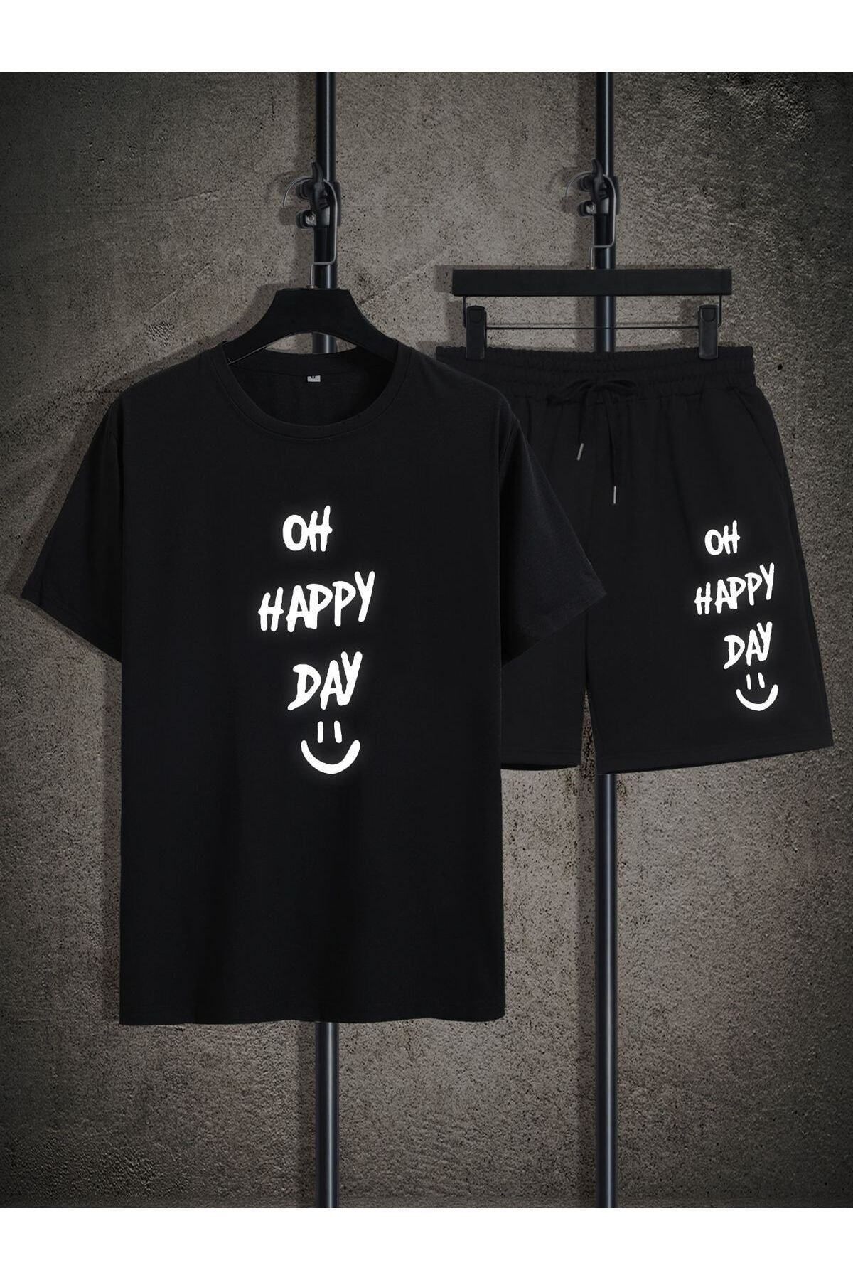 GIANTSTORE Erkek Siyah Oh Happy Day Baskılı Şort Takım