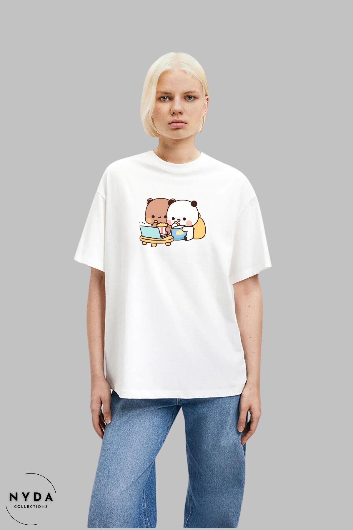 Nyda Collections Unisex Bisiklet Yaka Bubu Dudu Ayıcık Baskılı Pamuk Oversize Kısa Kollu Tişört