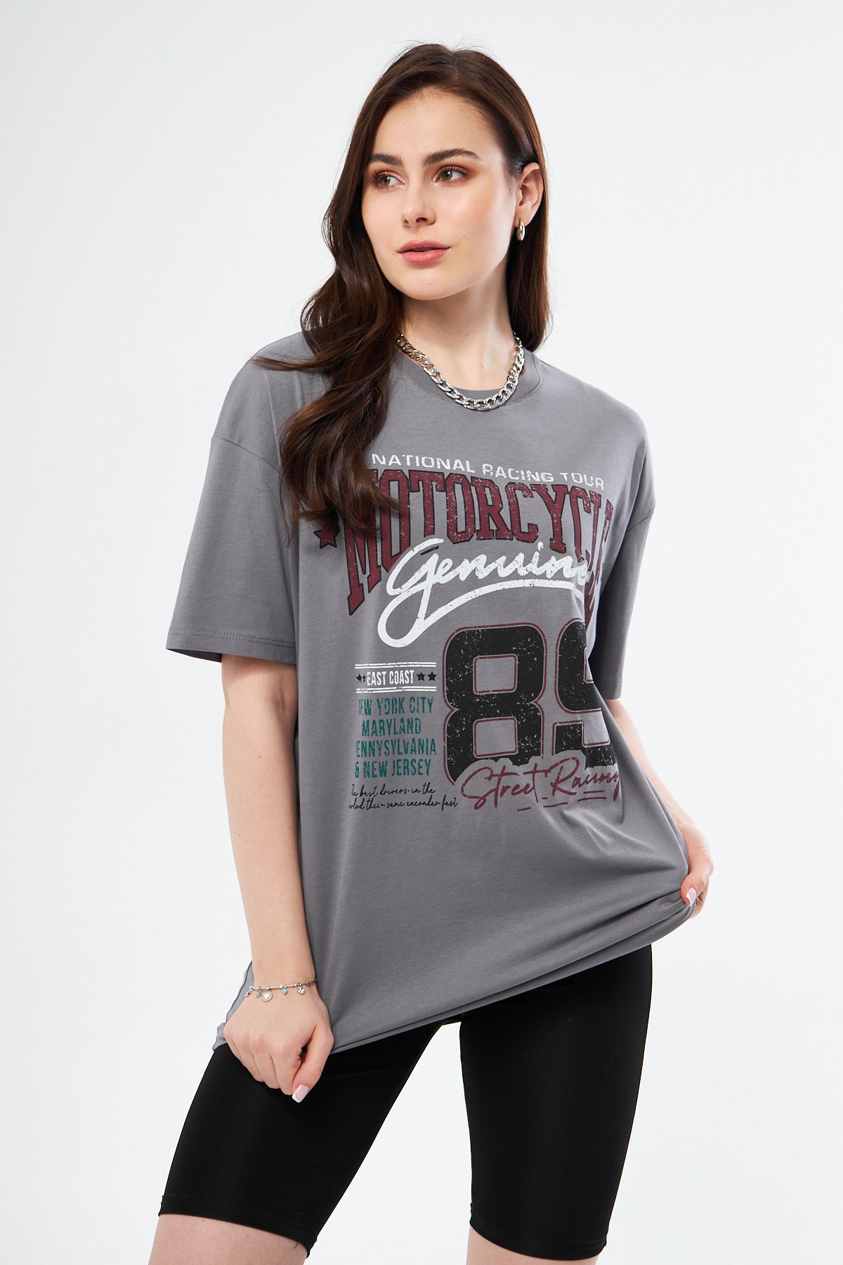 TeksKey Kelebek Baskı Desenli Kısa Kollu Organik Pamuklu Bisiklet Yaka OVERSİZE T-shirt