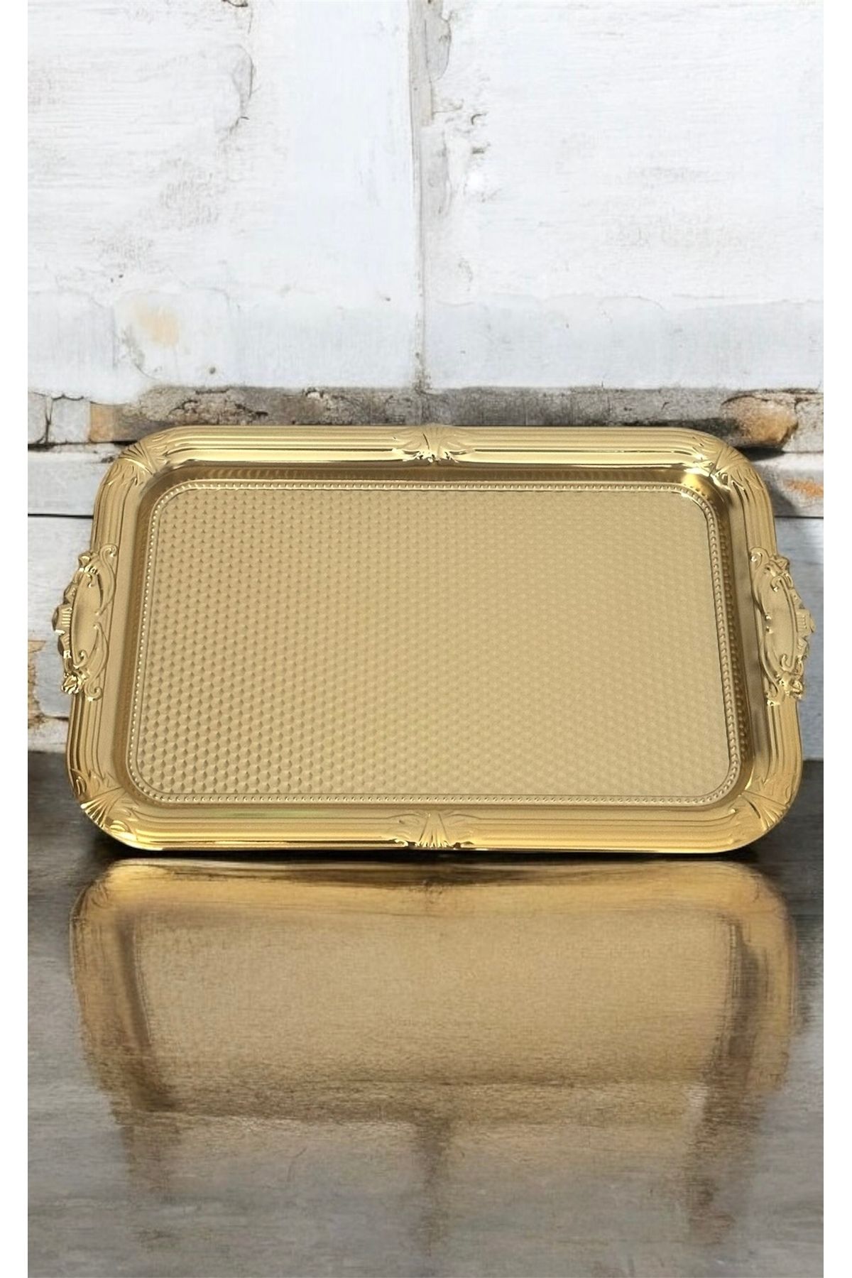 LeesHome Dekoratif İşlemeli Desenli Gold Kare Sunum Tepsi söz nişan tepsisi 38x24 cm