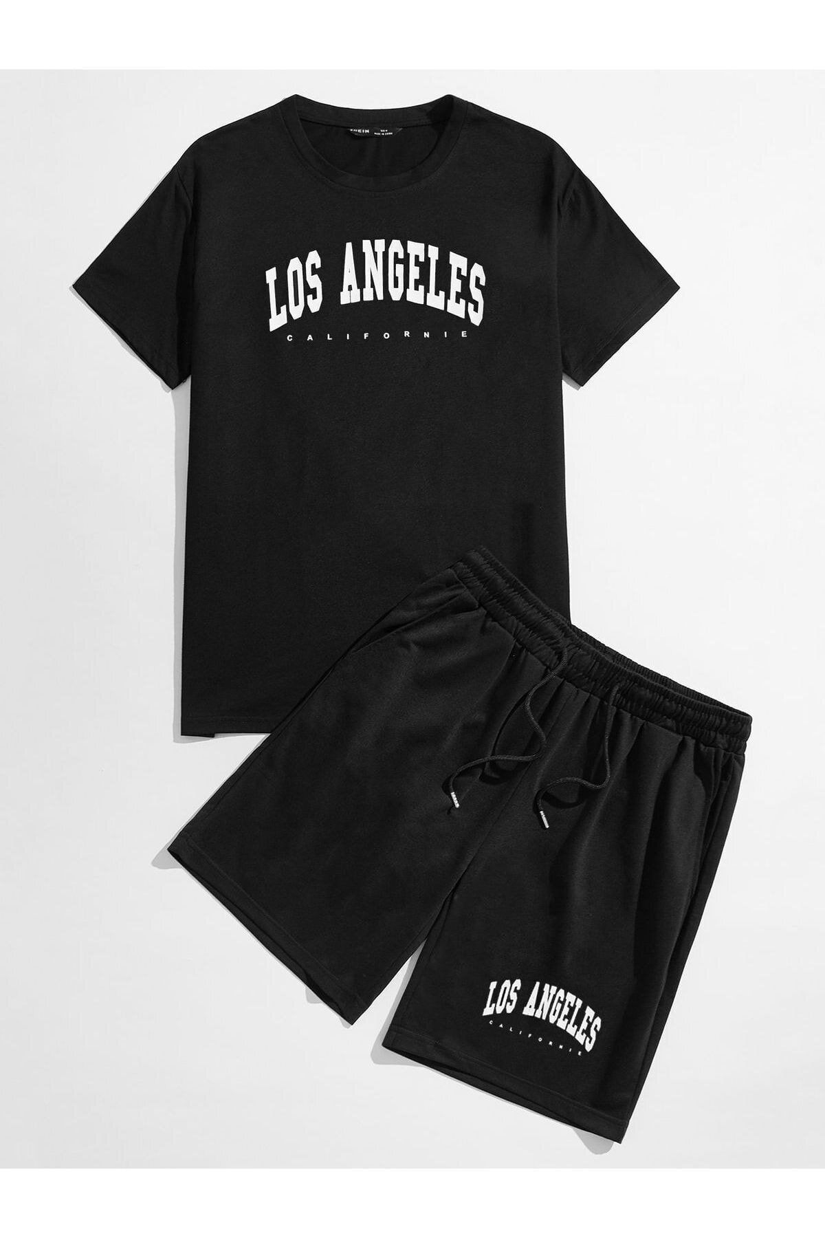 GIANTSTORE Erkek Siyah Los Angeles Baskılı Şort Takım