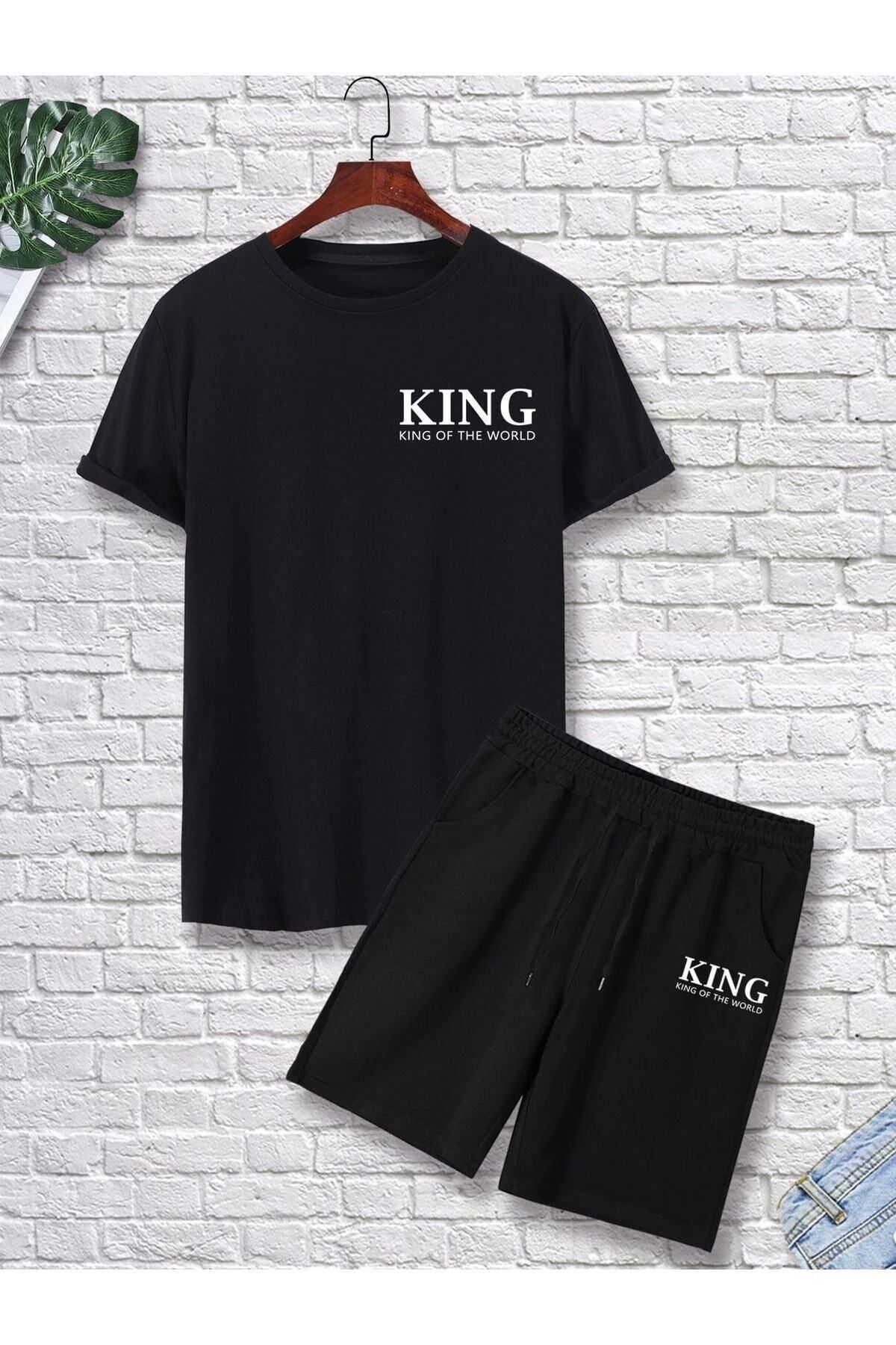GIANTSTORE Erkek Siyah Kıng Baskılı Şort Takım