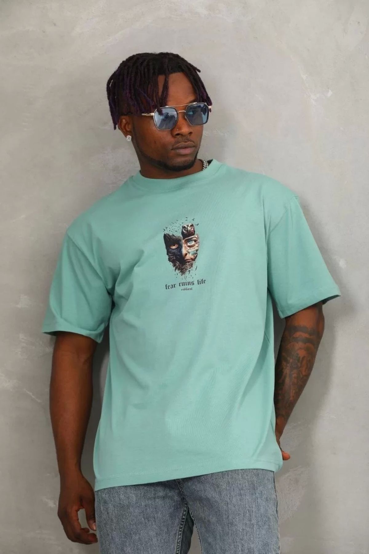 CVS Unisex Oversize Baskılı Bisiklet Yaka T-Shirt - Mint Yeşili