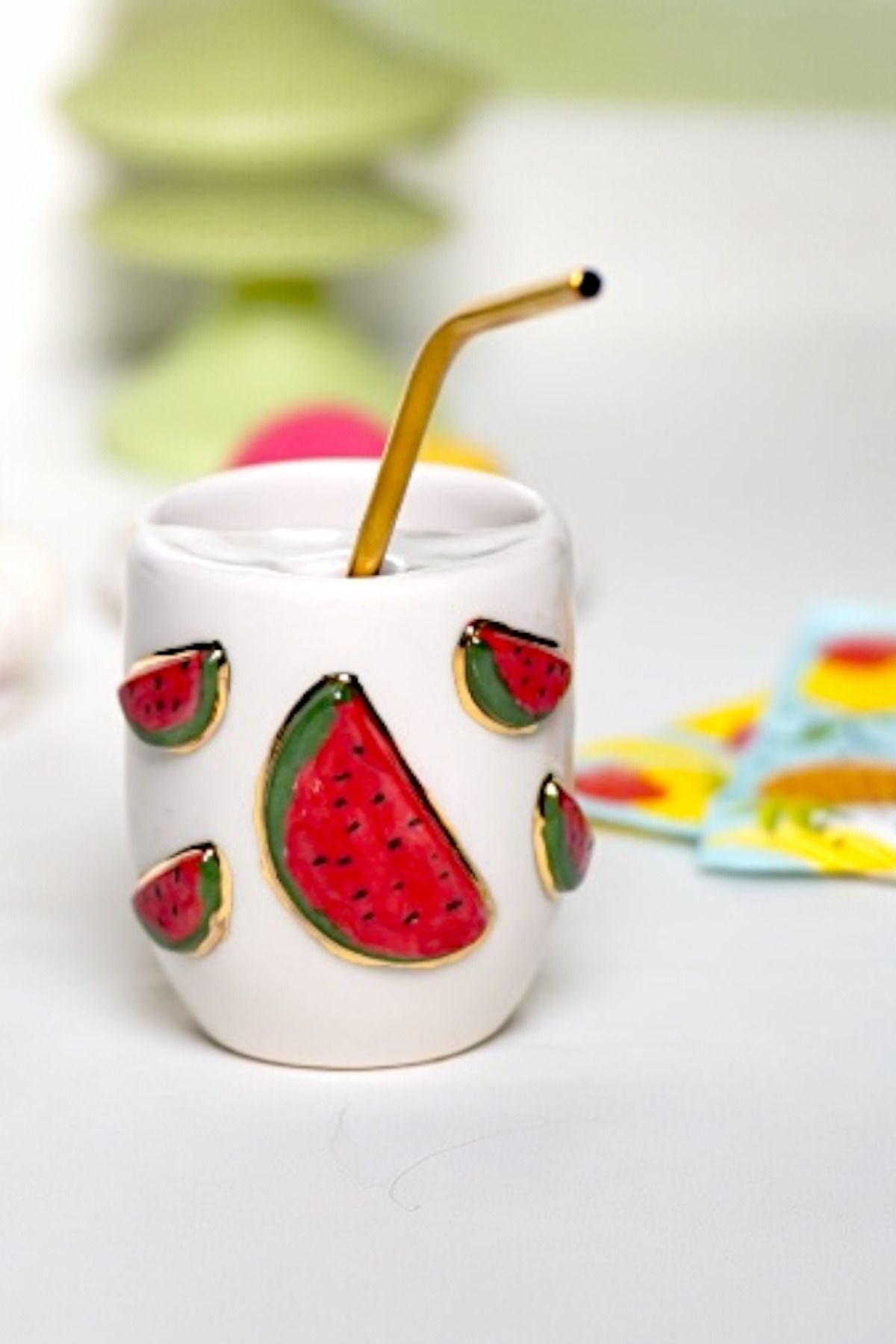 EL YAPIMI 24k Altın Süslemeli Karpuz Desenli Termos Mug Seyahat Mug