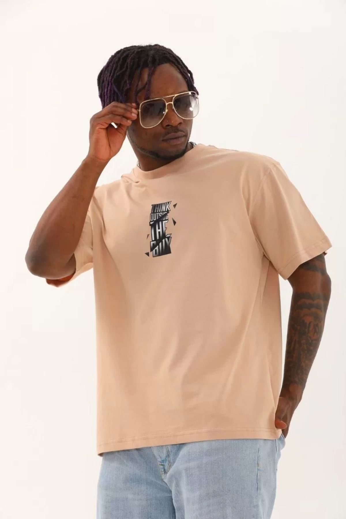 CVS Unisex Oversize Baskılı Bisiklet Yaka T-Shirt - Bej