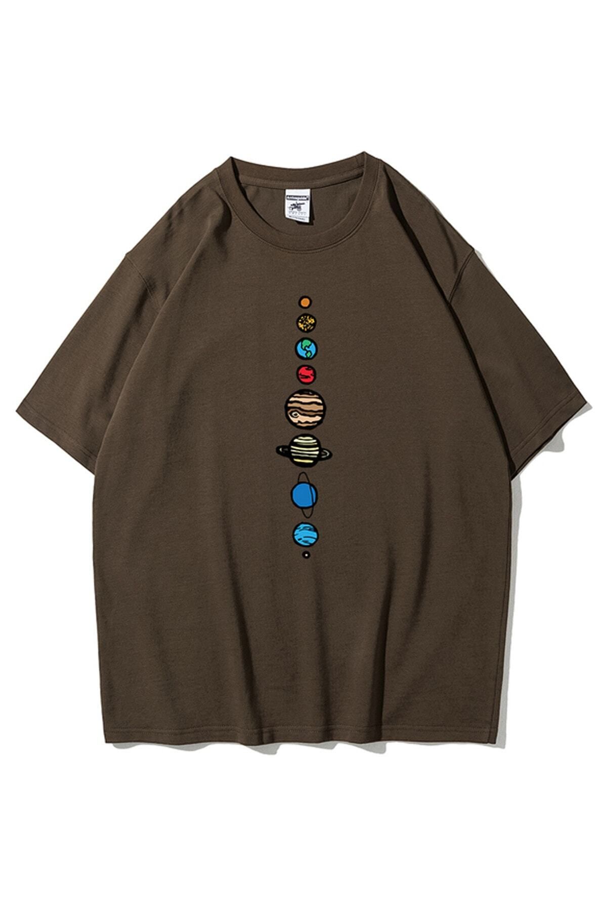 GIANTSTORE Unisex Kahverengi 9 Gezegen Baskılı Oversize Bisiklet Yaka Tshirt