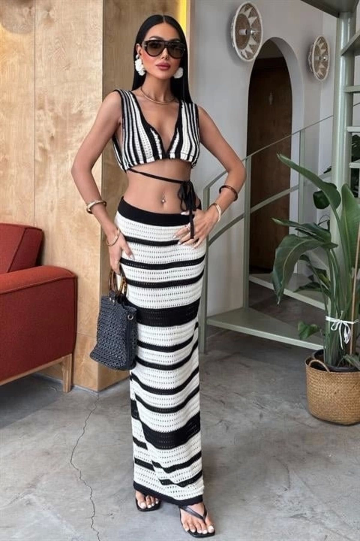 nedo7 Çizgili Bikini Üst Ve Etek Triko Takım 10110