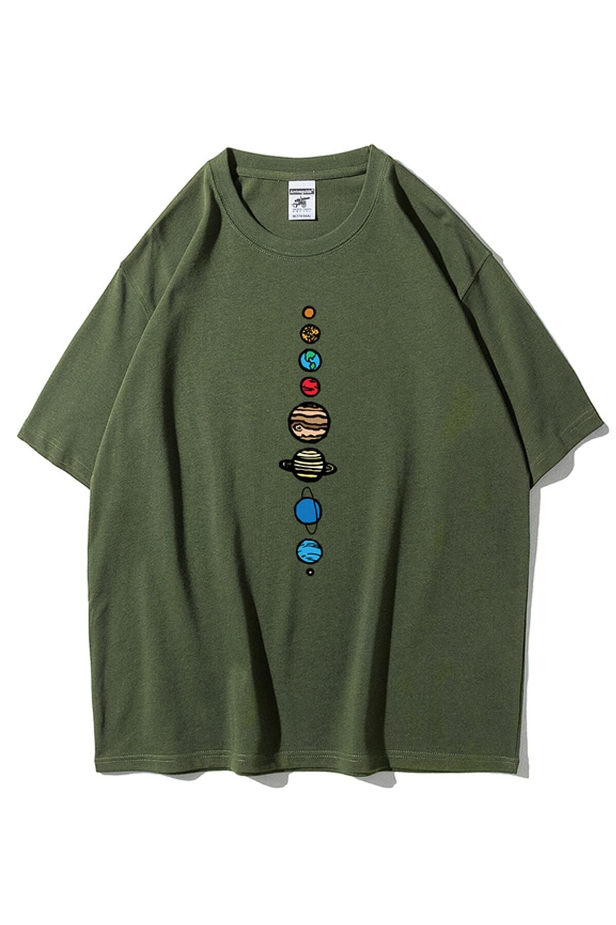 GIANTSTORE Unisex Haki 9 Gezegen Baskılı Oversize Bisiklet Yaka Tshirt