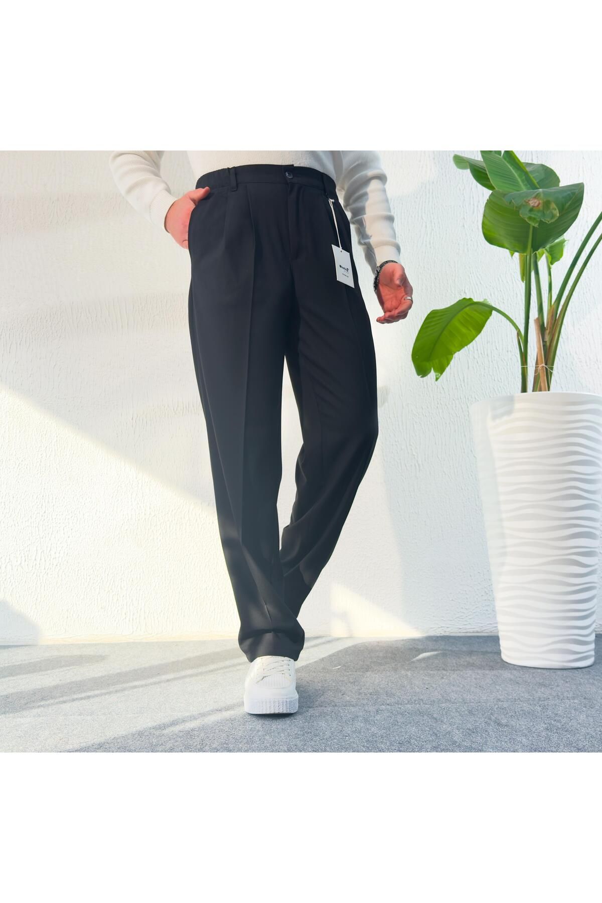 MODAMESTO Erkek Siyah Baggy Fit Pileli Kumaş Pantolon