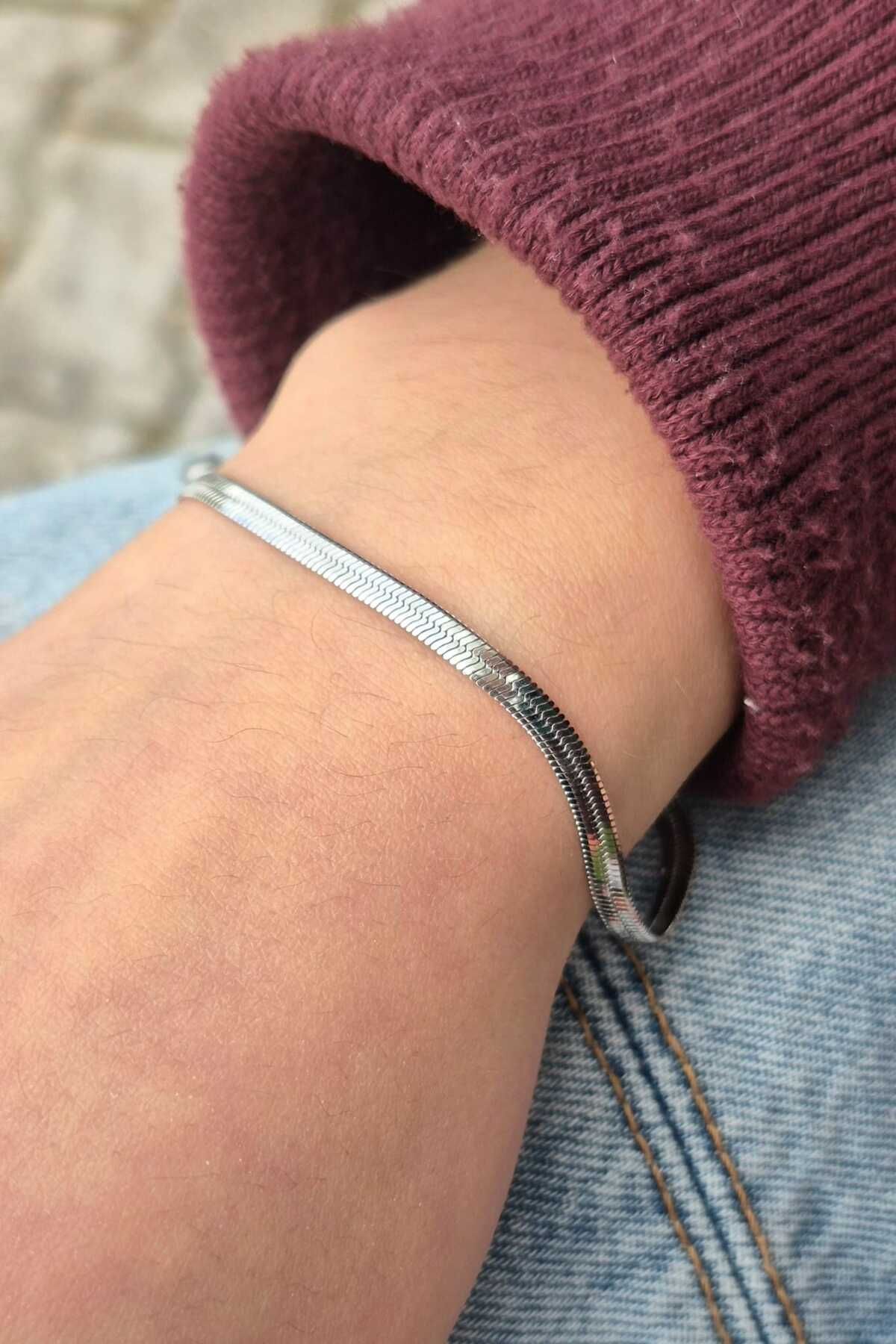 TAKIMAKI Çelik Bileklik Kararmaz Paslanmaz Unisex Çelik Zincir Bileklik Yassı Yılan Kadın Erkek Çelik Zincir