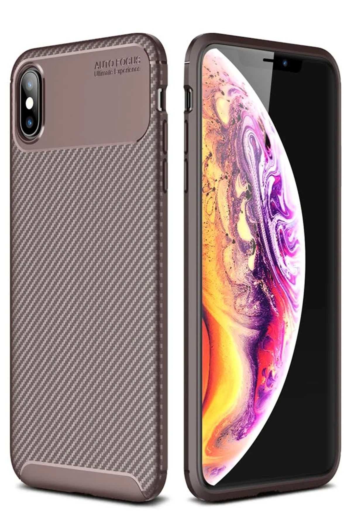 NewFace iPhone XS Max Kılıf Auto Focus Karbon Kapak - Kahverengi NRMSA