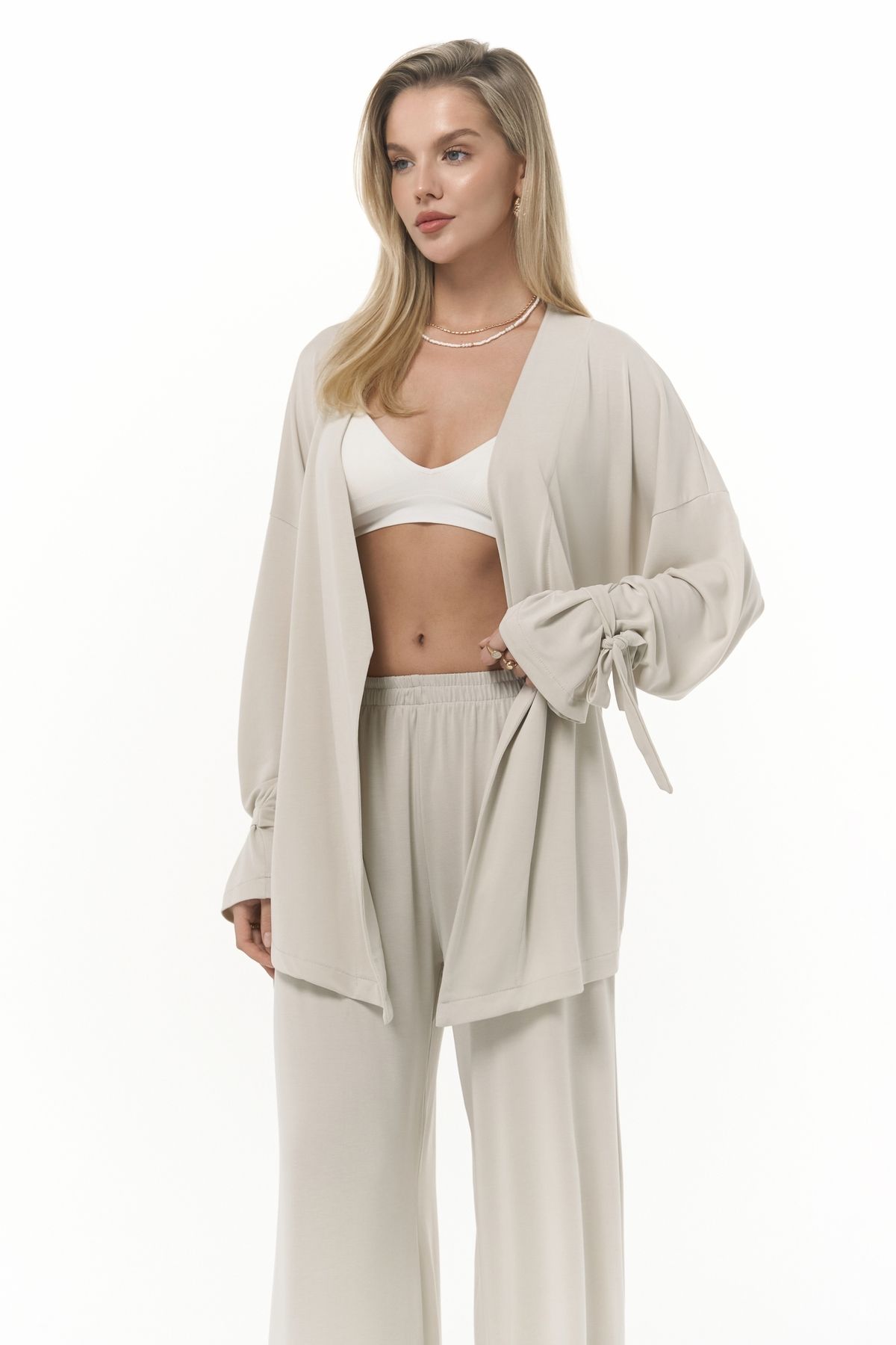 MAİ COLLECTİON Donna Bej Kimono Pantolon Takım