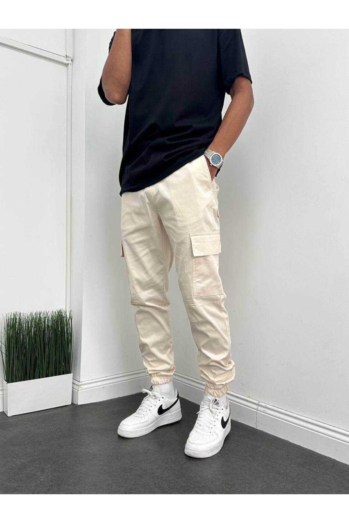 MODA KARGO CEPLİ PAÇA LASTİKLİ PANTOLON KREM