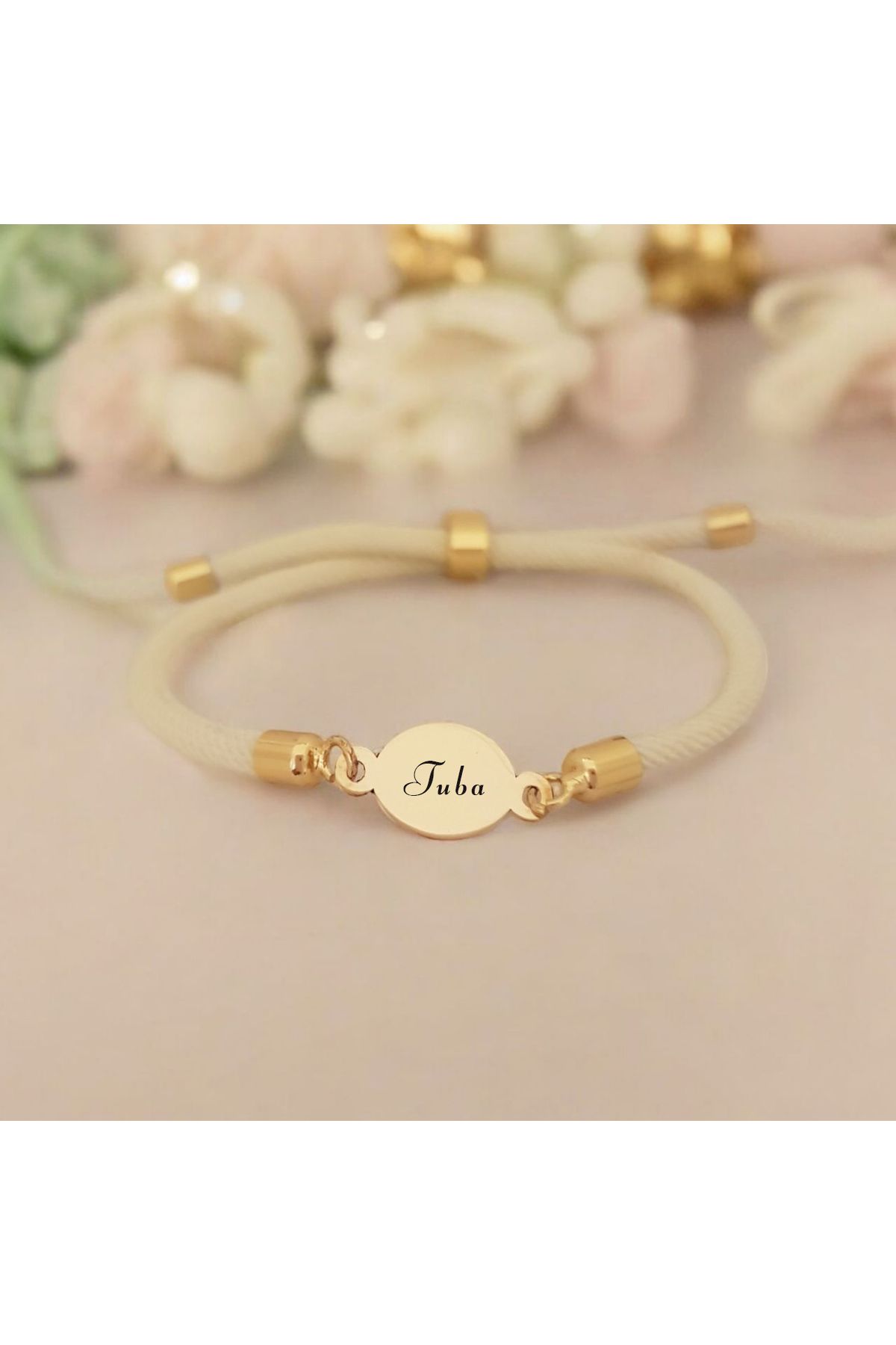 ARCHINO GOLD Oval Motifli 14 Ayar Altın Plakalı İpek Örgülü Tuba İsmine Özel Bileklik-424isim-beyaz