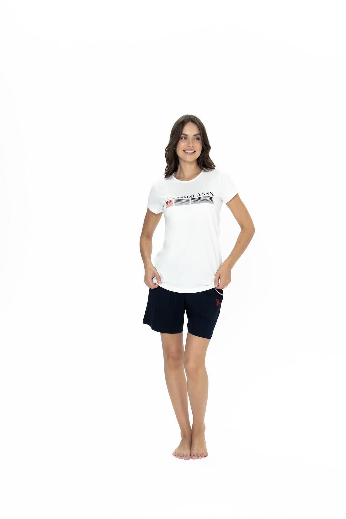 U.S. Polo Assn. Us Polo Kadın Yazı Baskılı T-shirt Şort Takım, Bisiklet Yaka, Kısakol, Cepli