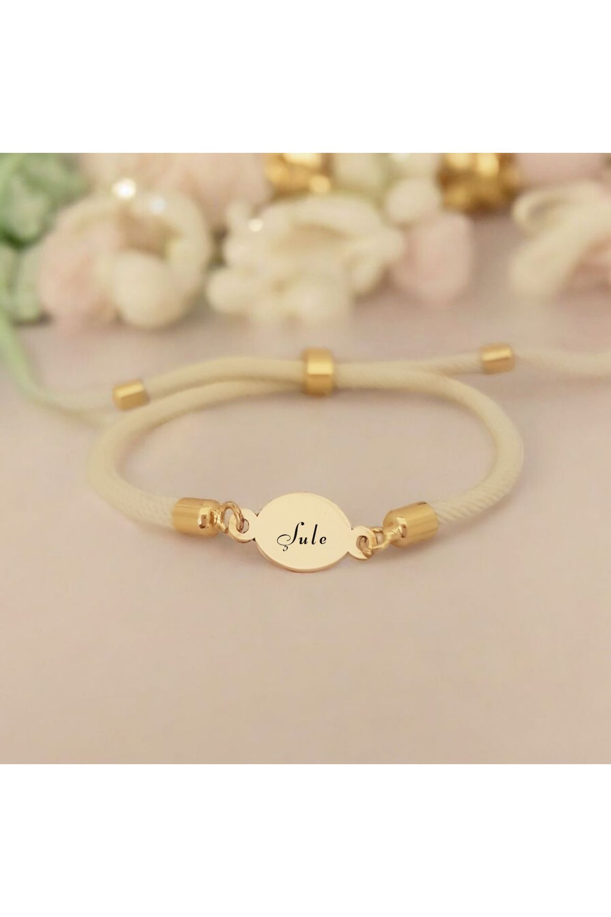 ARCHINO GOLD Oval Motifli 14 Ayar Altın Plakalı İpek Örgülü Şule İsmine Özel Bileklik-424isim-beyaz