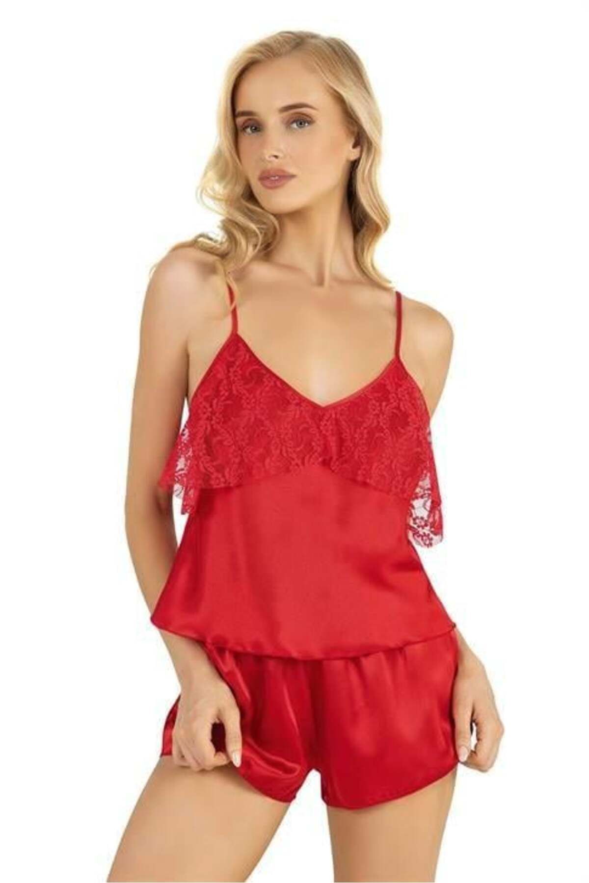 Shop58 Kırmızı Saten Şort Takımı 9214
