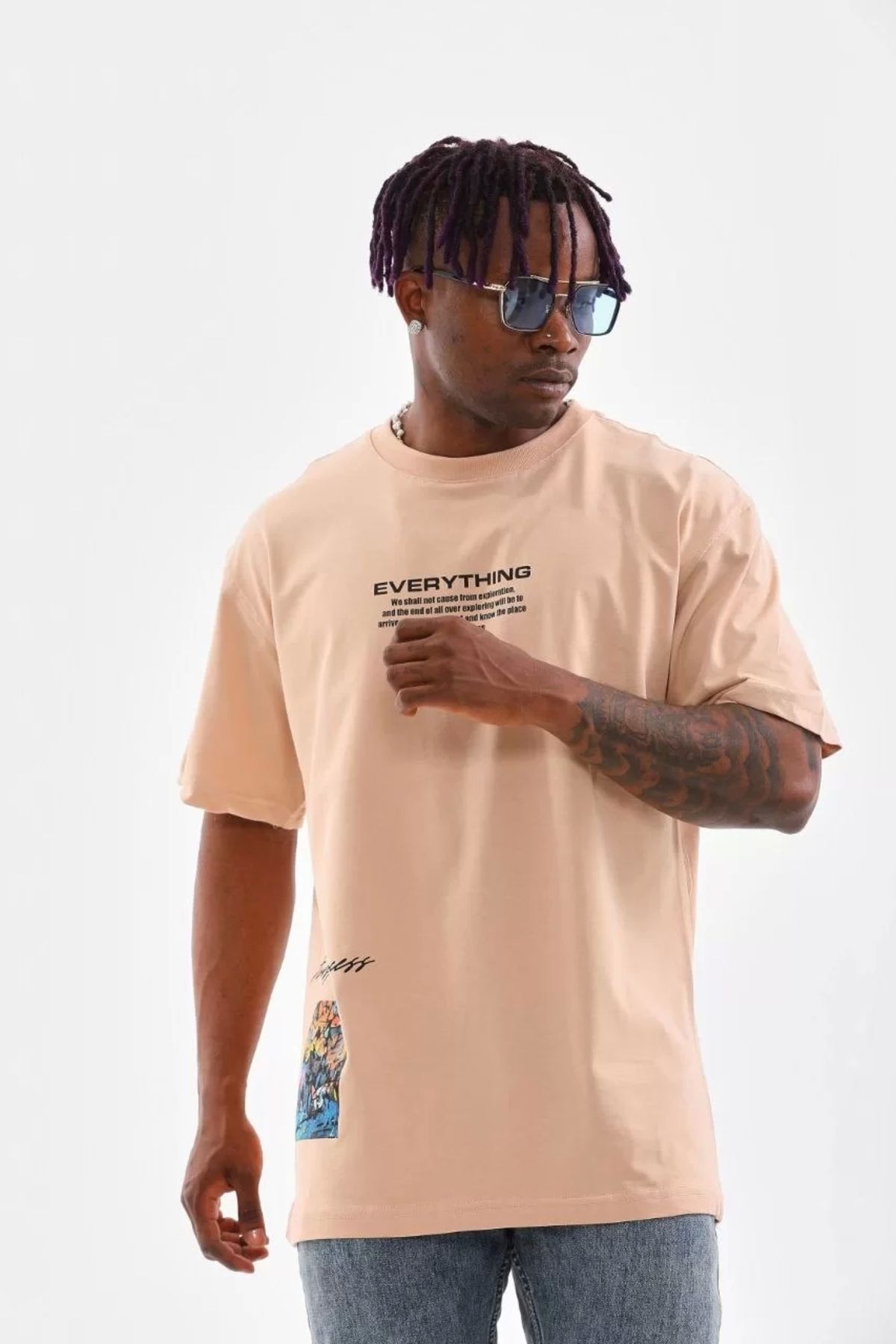 CVS Unisex Bisiklet Yaka Baskılı Oversize T-Shirt - Bej