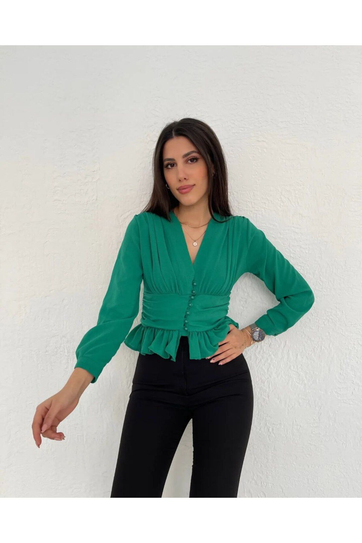 SHUGAA kadın v yaka buzgülü önden düğmeli tasarım crep bluz