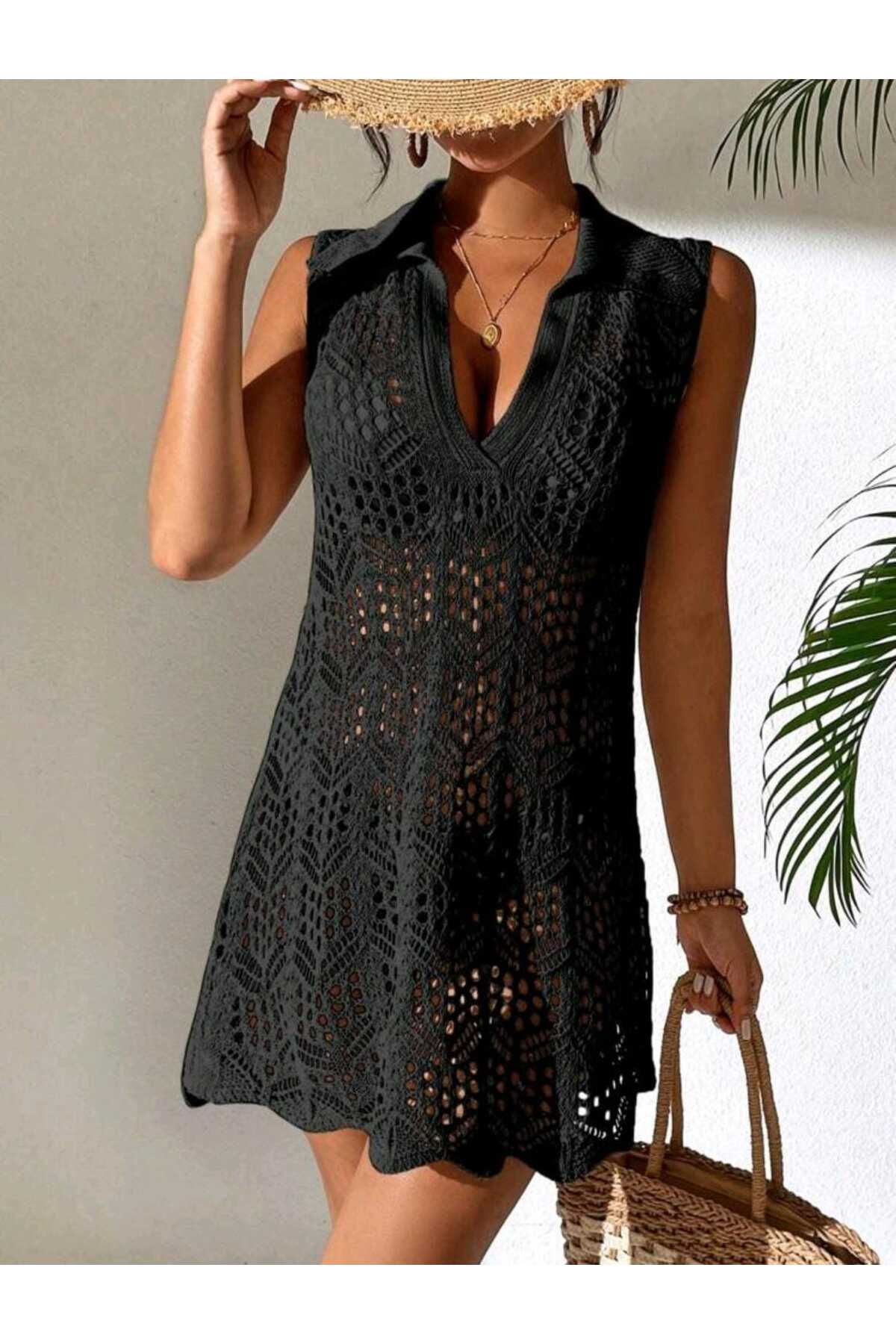 Bracha Gömlek Yaka Sıfır Kollu Ajurlu Desen %100 Pamuk Bikini Üstü Plaj Elbisesi