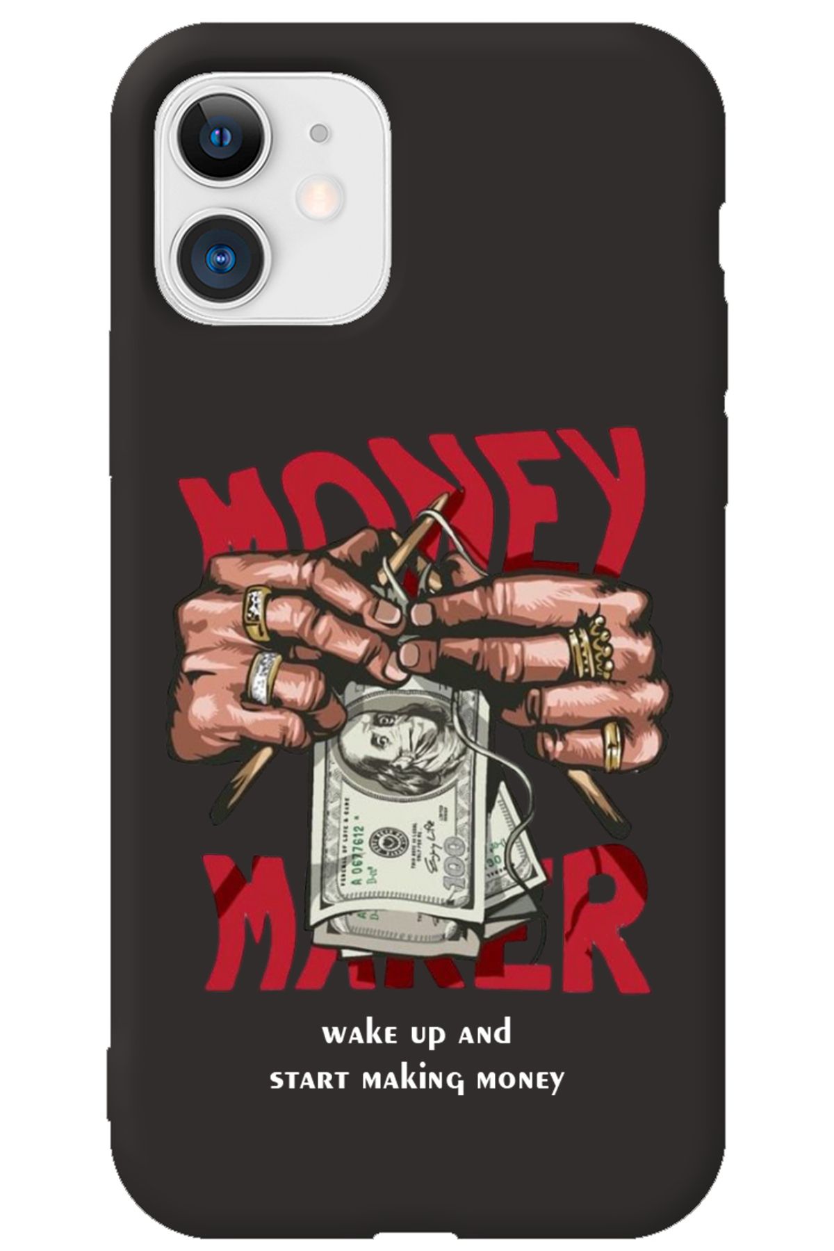 WANNA PROTECT iPhone 12 Siyah İçi Kadife Make Money Desenli Silikon Telefon Kılıfı