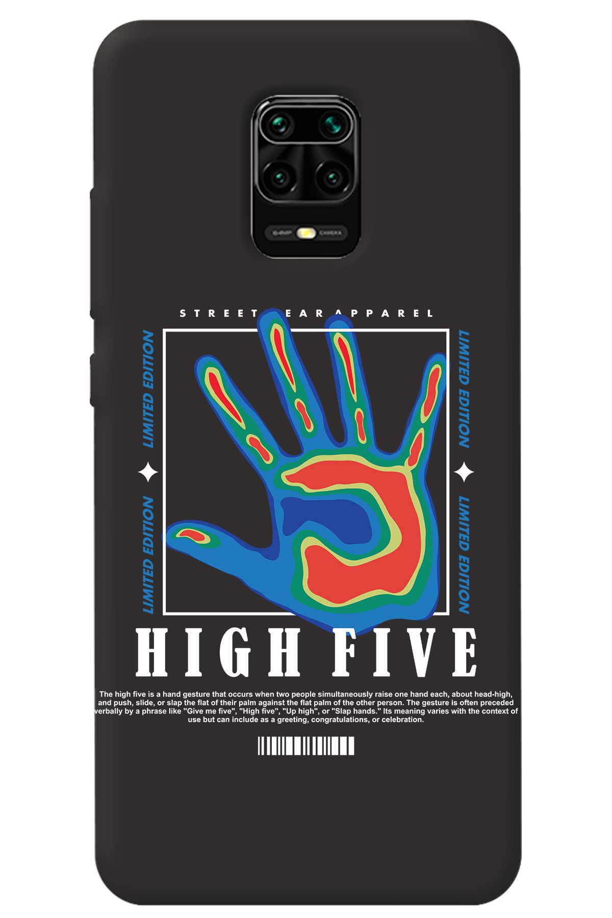 WANNA PROTECT Xiaomi Redmi Note 9 Pro Siyah İçi Kadife High Five Desenli Silikon Telefon Kılıfı