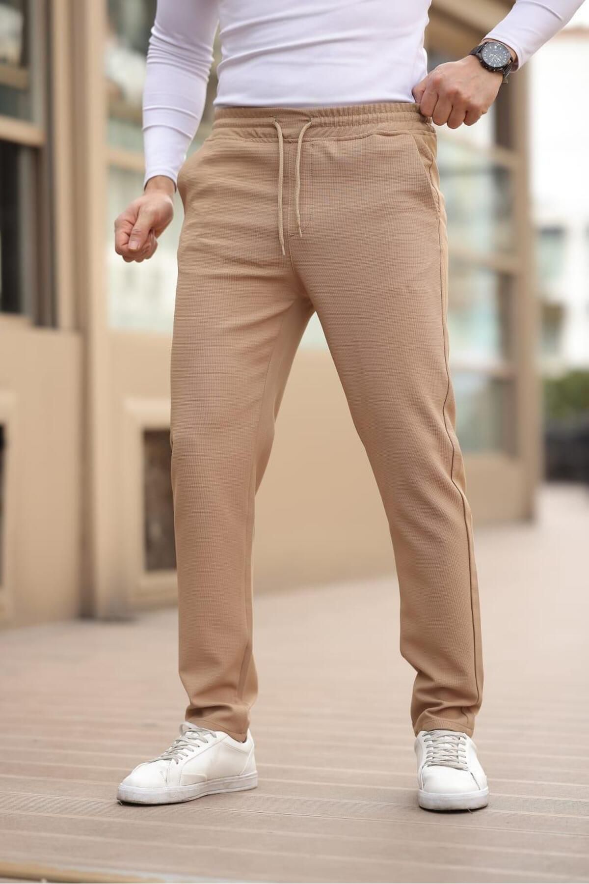 Afri Düğmesiz Kareli Kumaş Vizon Mavisi Jogger Pantolon