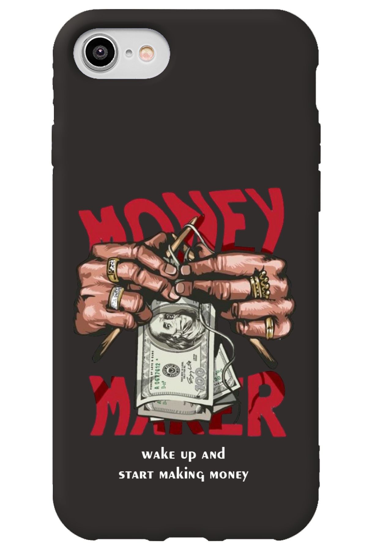 WANNA PROTECT iPhone 7 Siyah İçi Kadife Make Money Desenli Silikon Telefon Kılıfı
