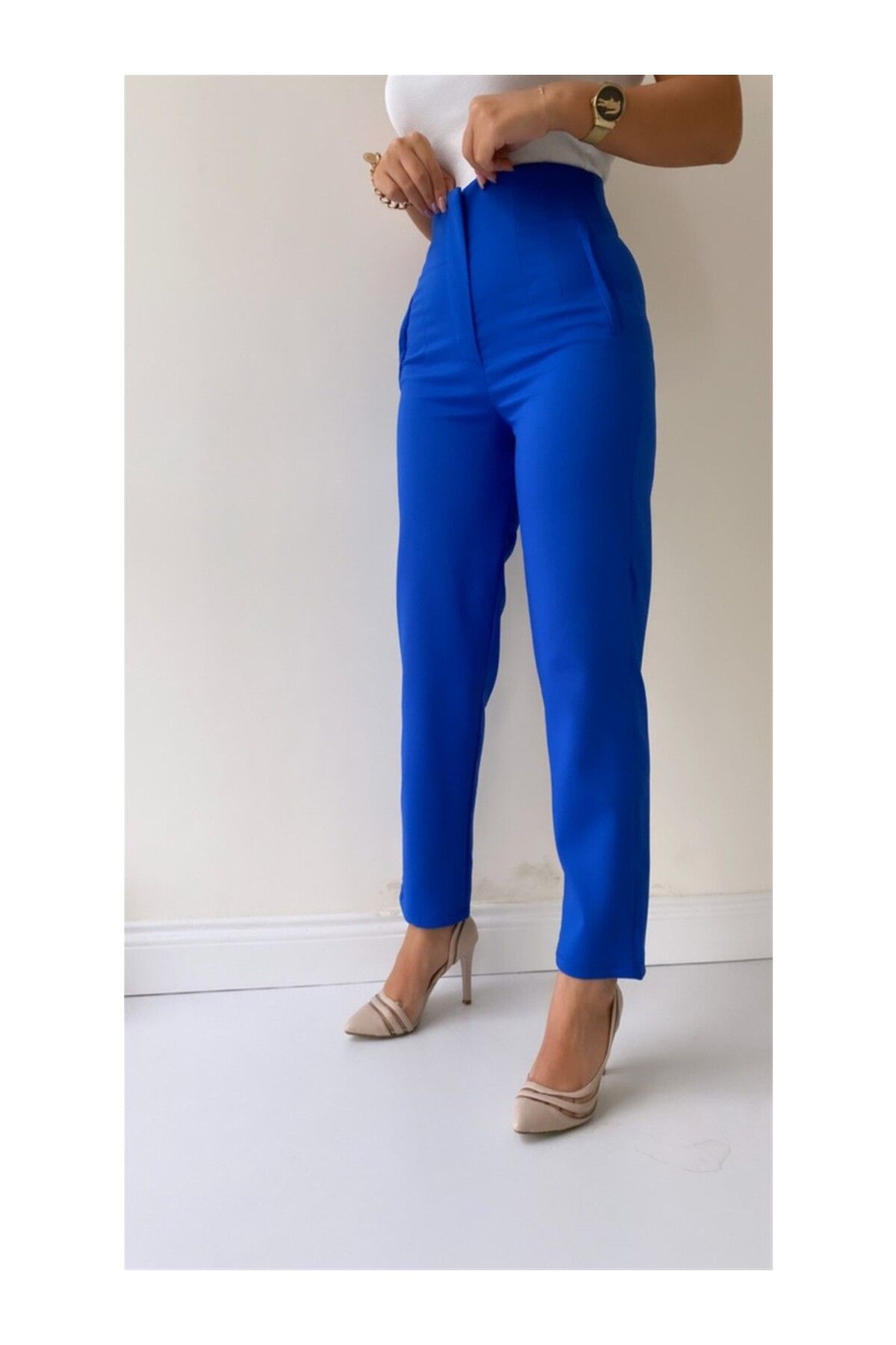 A&O Style Kadın Saks Önü Biyeli Cepli Yüksek Bel Havuç Model Kumaş Pantolon