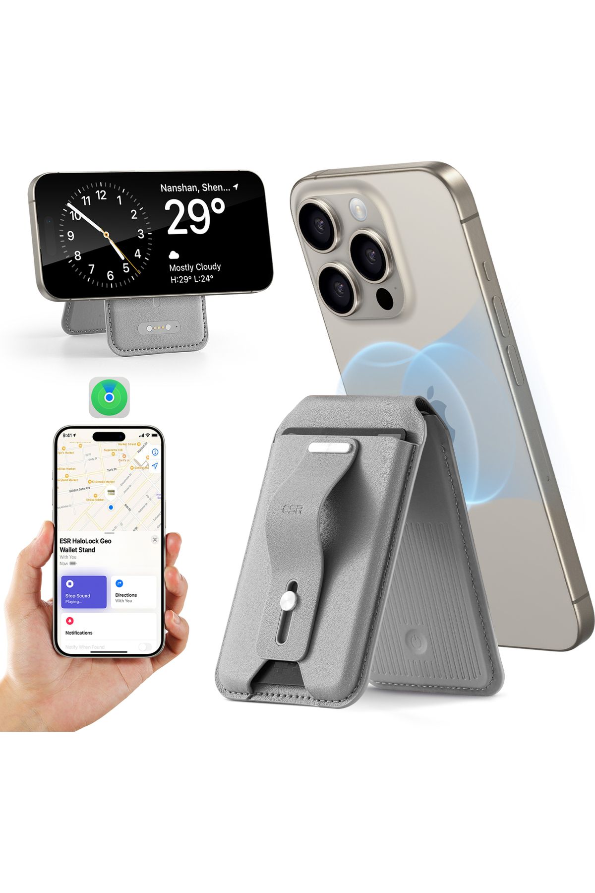 ESR Iphone Magsafe Standlı Cüzdan Halolock™ Geo Find My Lisanslı - Gri