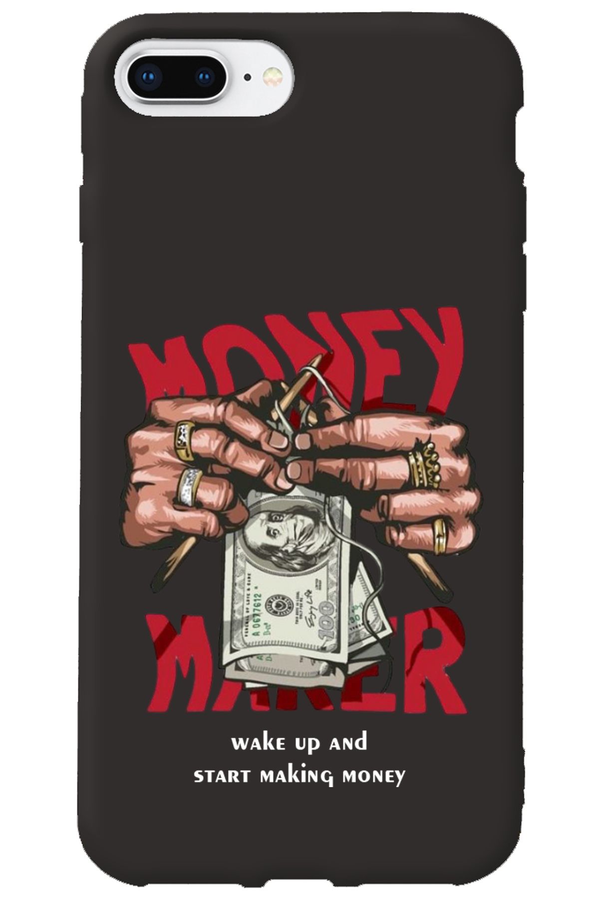 WANNA PROTECT iPhone 8 Plus Siyah İçi Kadife Make Money Desenli Silikon Telefon Kılıfı