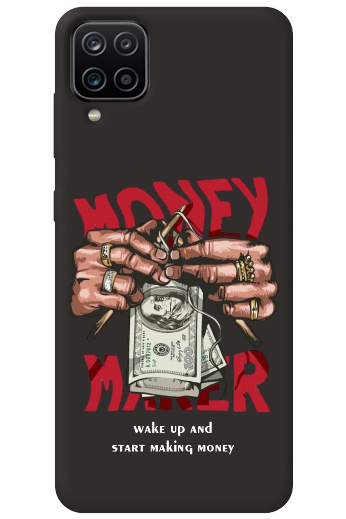 WANNA PROTECT Samsung Galaxy A12 Siyah İçi Kadife Make Money Desenli Silikon Telefon Kılıfı