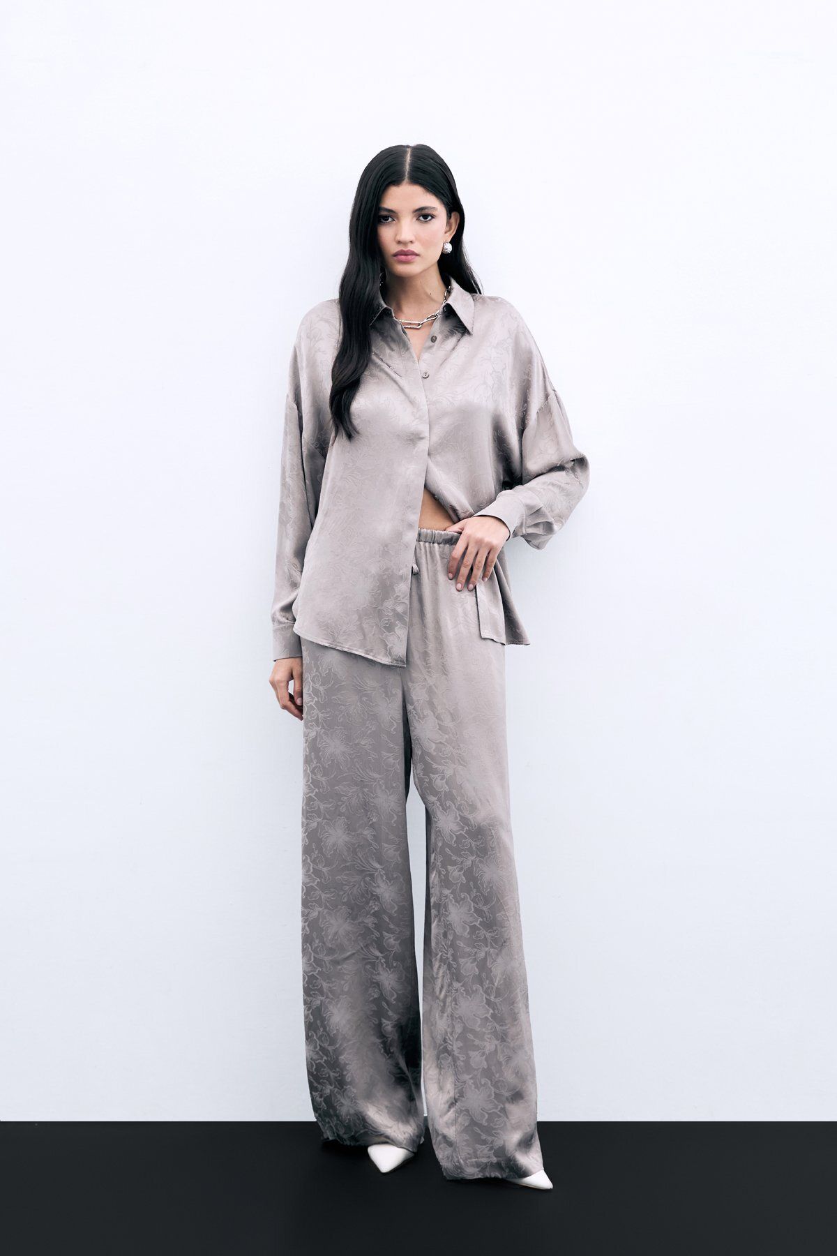 Sateen Jakarlı Saten Pantolon - Vizon