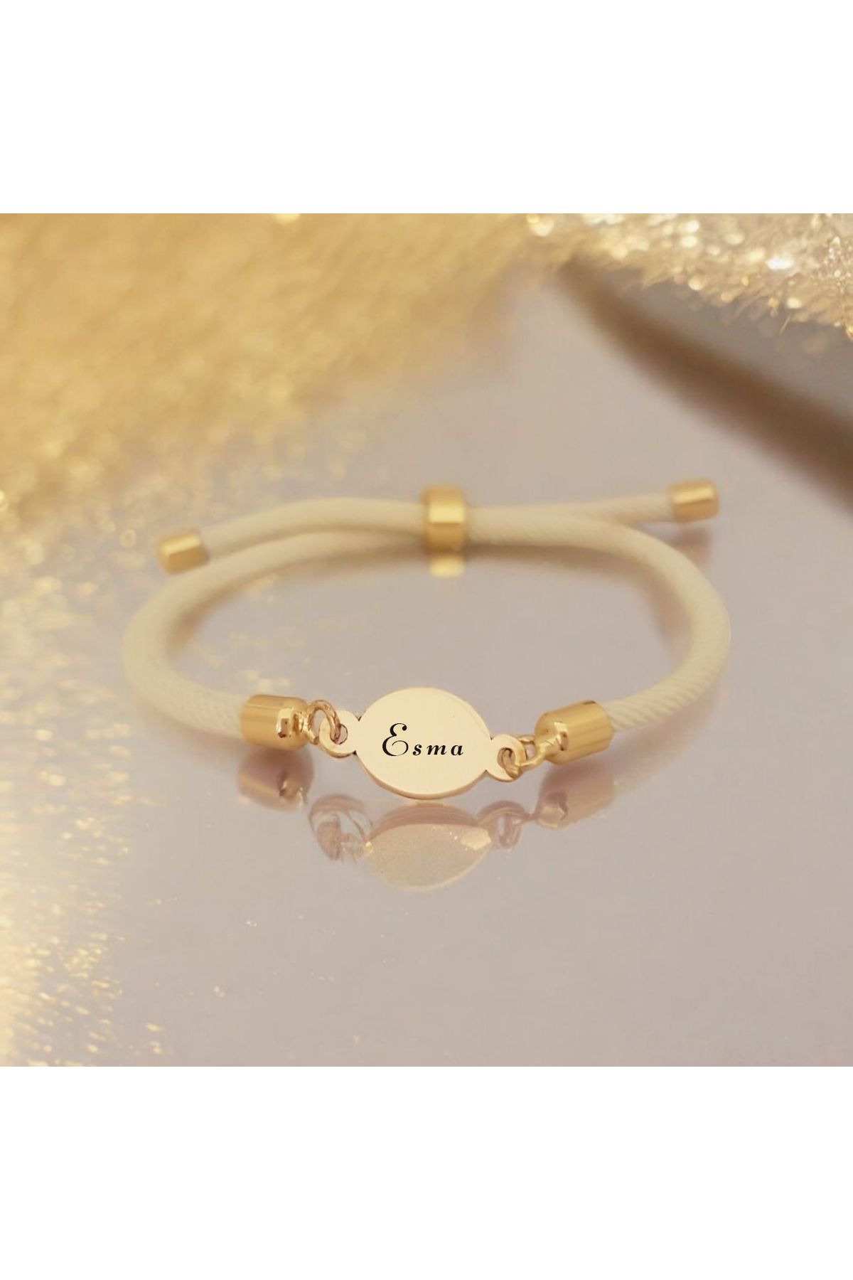 ARCHINO GOLD Oval Motifli 14 Ayar Altın Plakalı İpek Örgülü Esma İsmine Özel Bileklik-424isim-beyaz