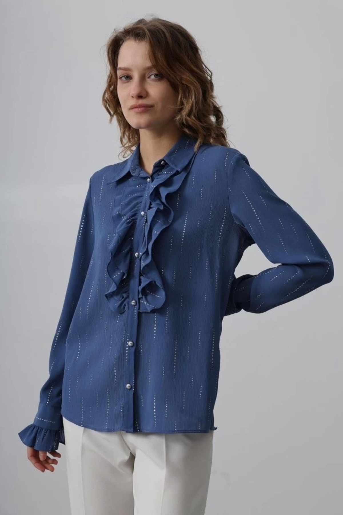 VİBE UNİCO-Ruffle Collar Chiffon Shirt - Blue 2