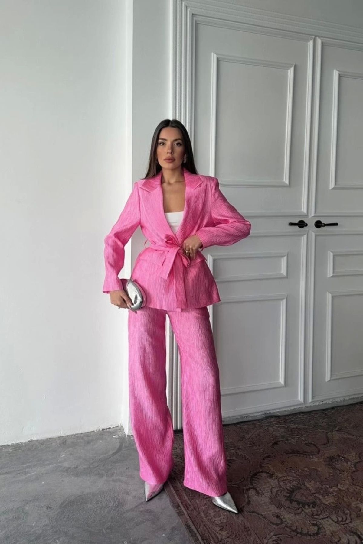 nedo7 Pembe Beli Kuşaklı Ceket Ve Pantolon Parlak Takım