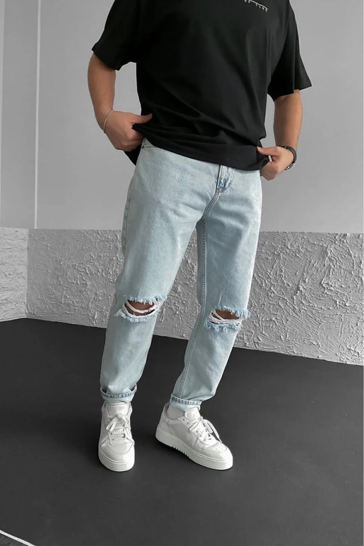 G Wear Rahat Kalıp Buz Mavisi Diz Yırtık Boyfriend Pantalon