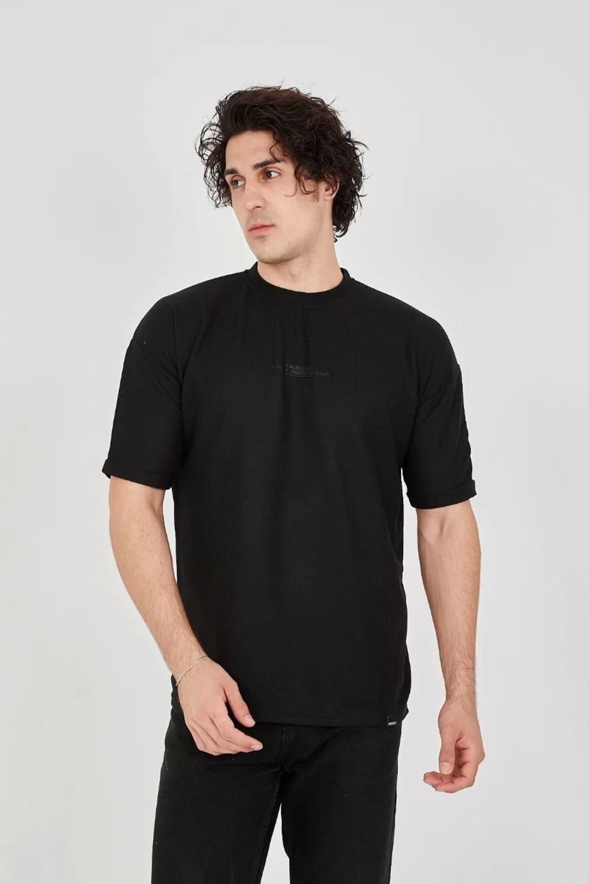 CVS Unisex Waffle Kumaş Rahat Kol T-Shirt - Siyah
