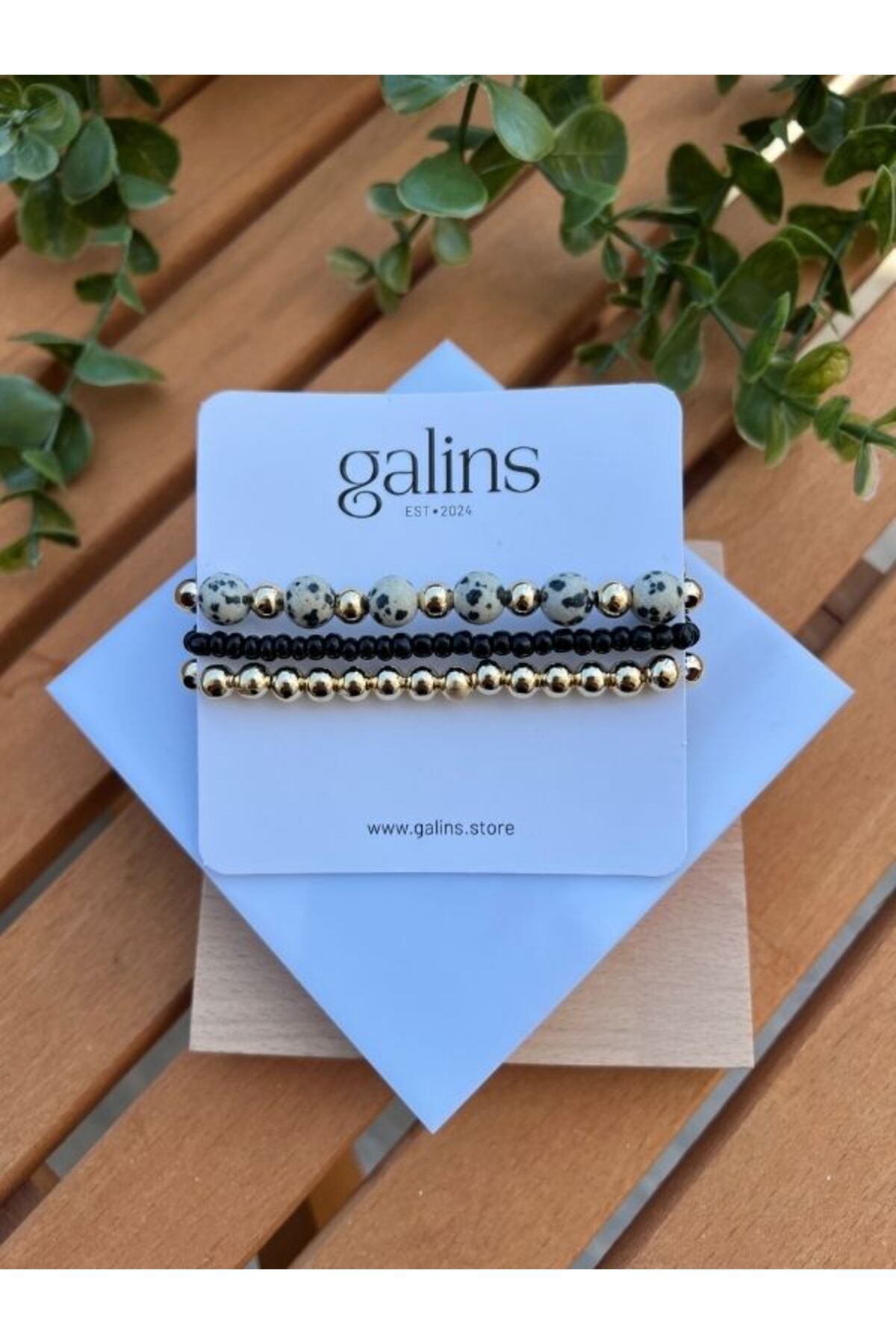 Galins Gold, Siyah, Benekli Hematit Taşlarla Tasarlanmış Şık Kombin Tamamlıyısı 3'lü Bileklik Kombini