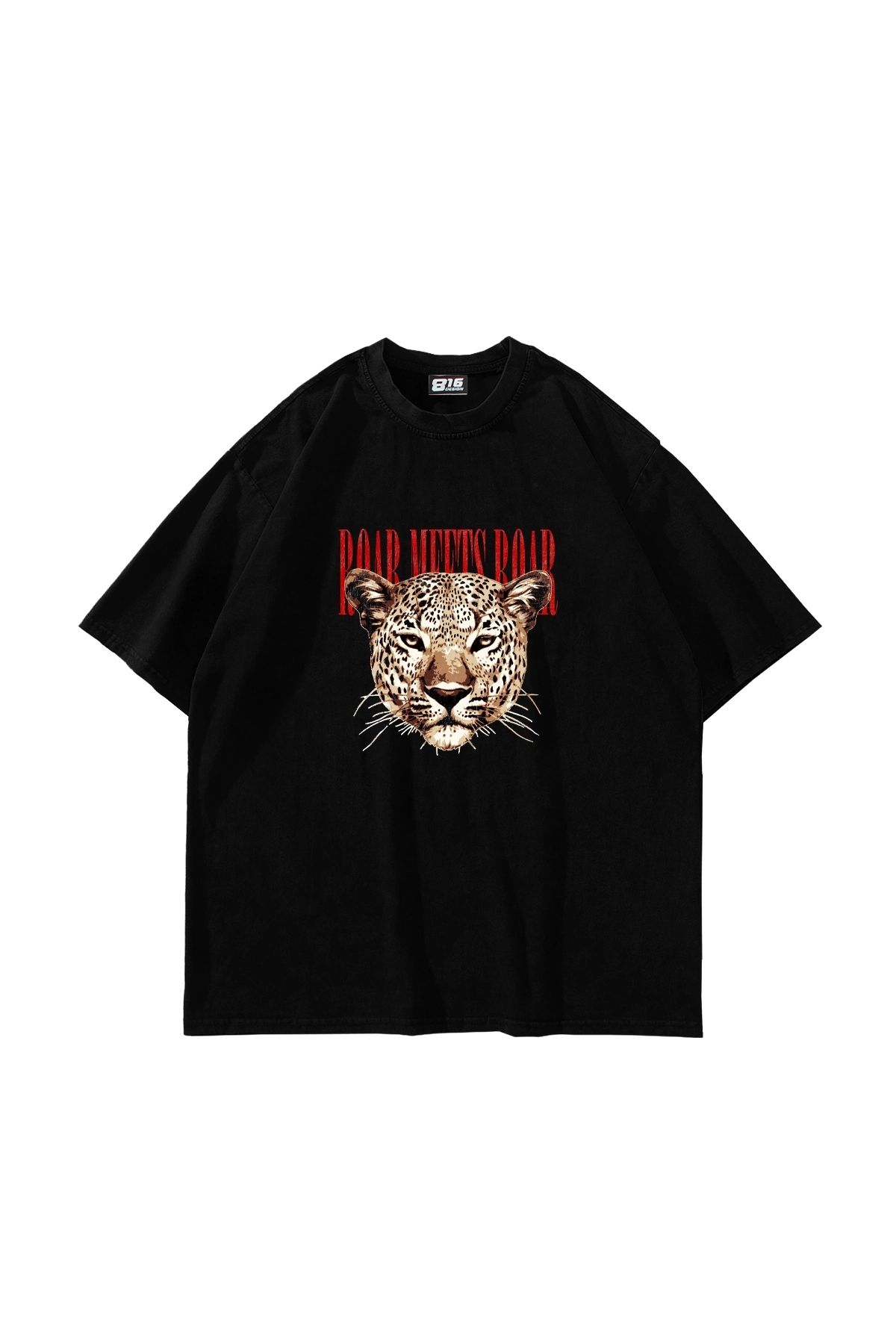 Sekizbiraltı Roar Meets Baskılı Oversize Unisex Siyah Tshirt