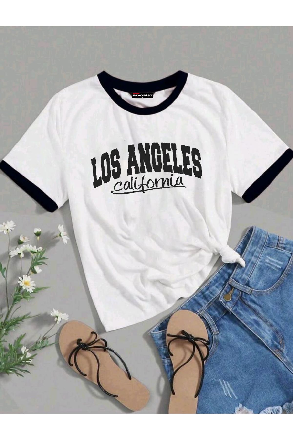 FAVORİST Tişört ( KARIŞIK BASKILI ) Biye Kol Detaylı Yazlık Pamuklu T-shirt
