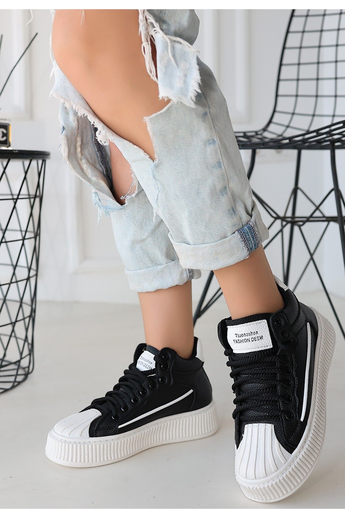 pabucmarketi Siyah Suni Deri Bağcıklı Kadın Sneaker Kadın Ayakkabı