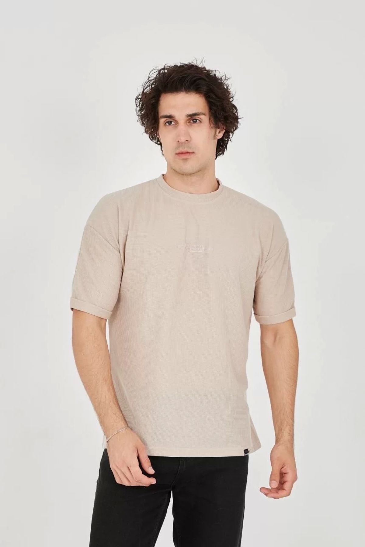 CVS Unisex Waffle Kumaş Rahat Kol T-Shirt - Bej