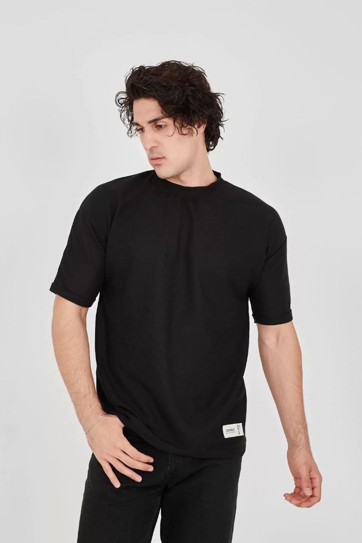 CVS Unisex Waffle Kumaş Rahat Kol T-Shirt - Siyah