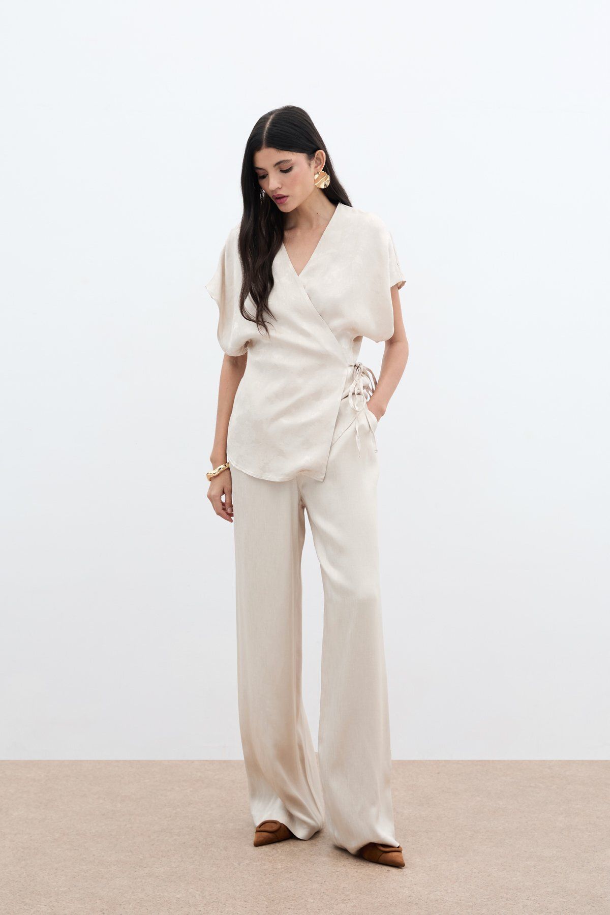 Sateen Cepli Bol Pantolon - Bej