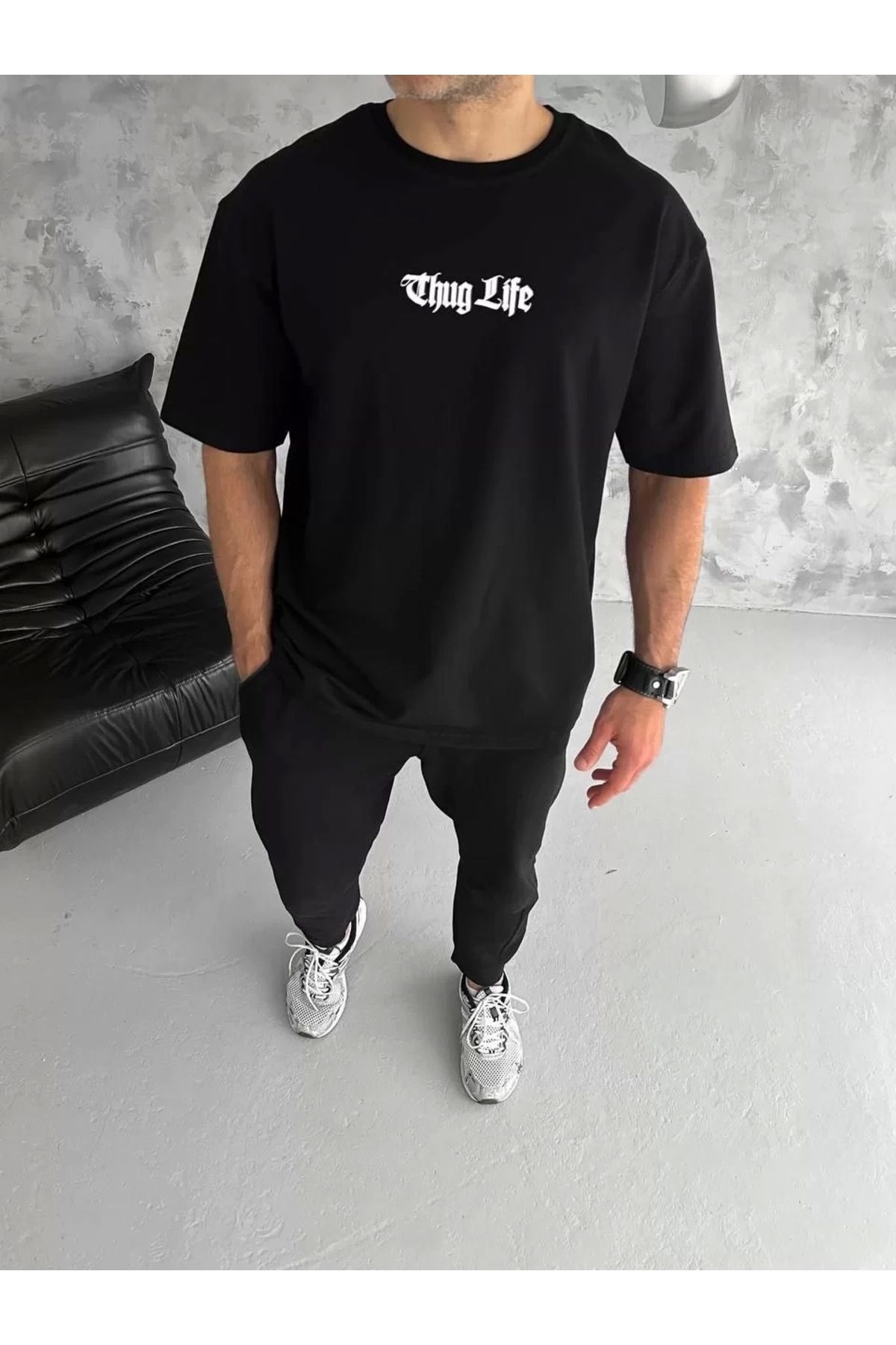 CVS Unisex Bisiklet Yaka Baskılı Oversize T-Shirt - Siyah