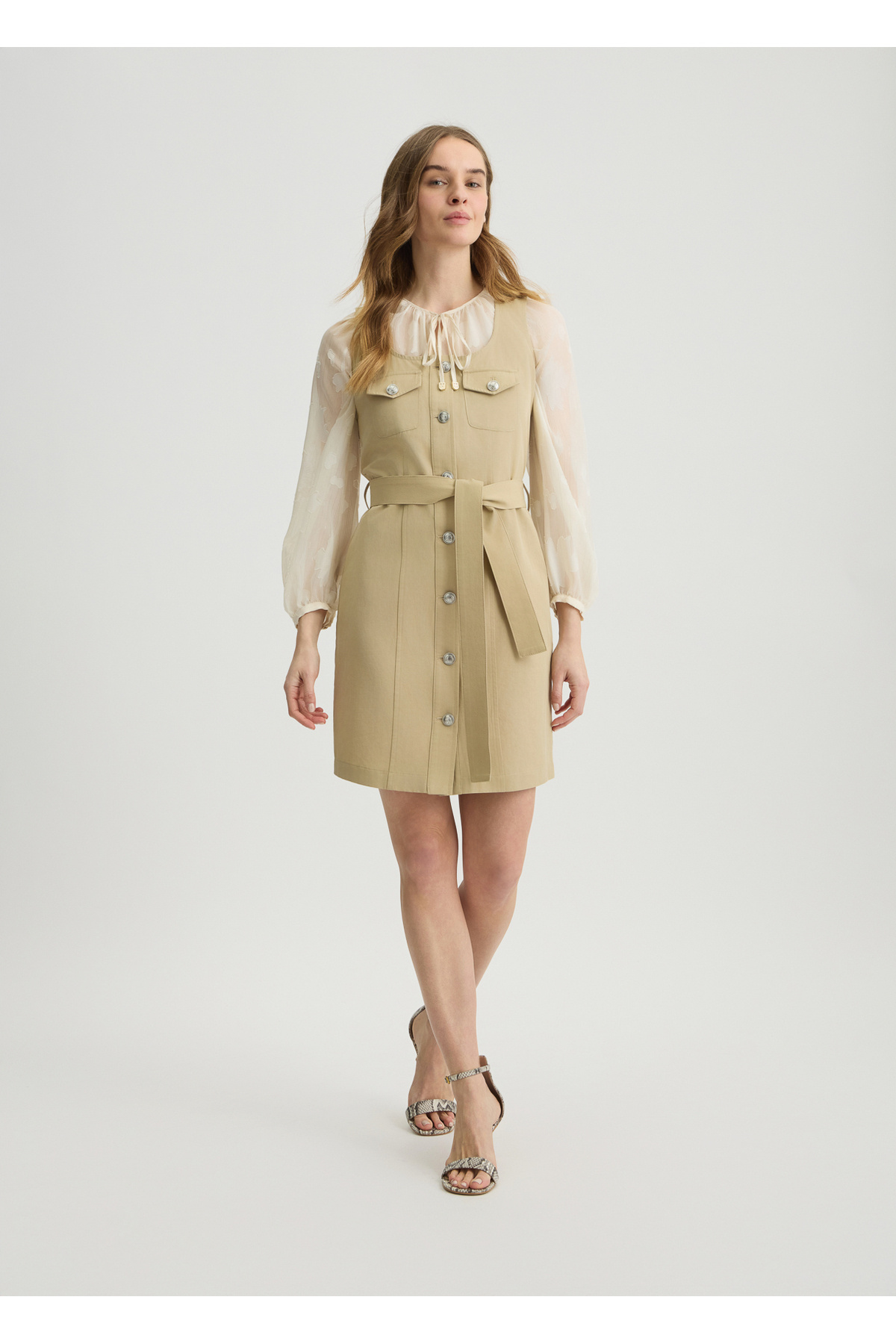 Liu Jo-Women's Round Neck Front Button Closure Above Knee Length Waist Belt Beige Dress Wa5264T4277-60920 3